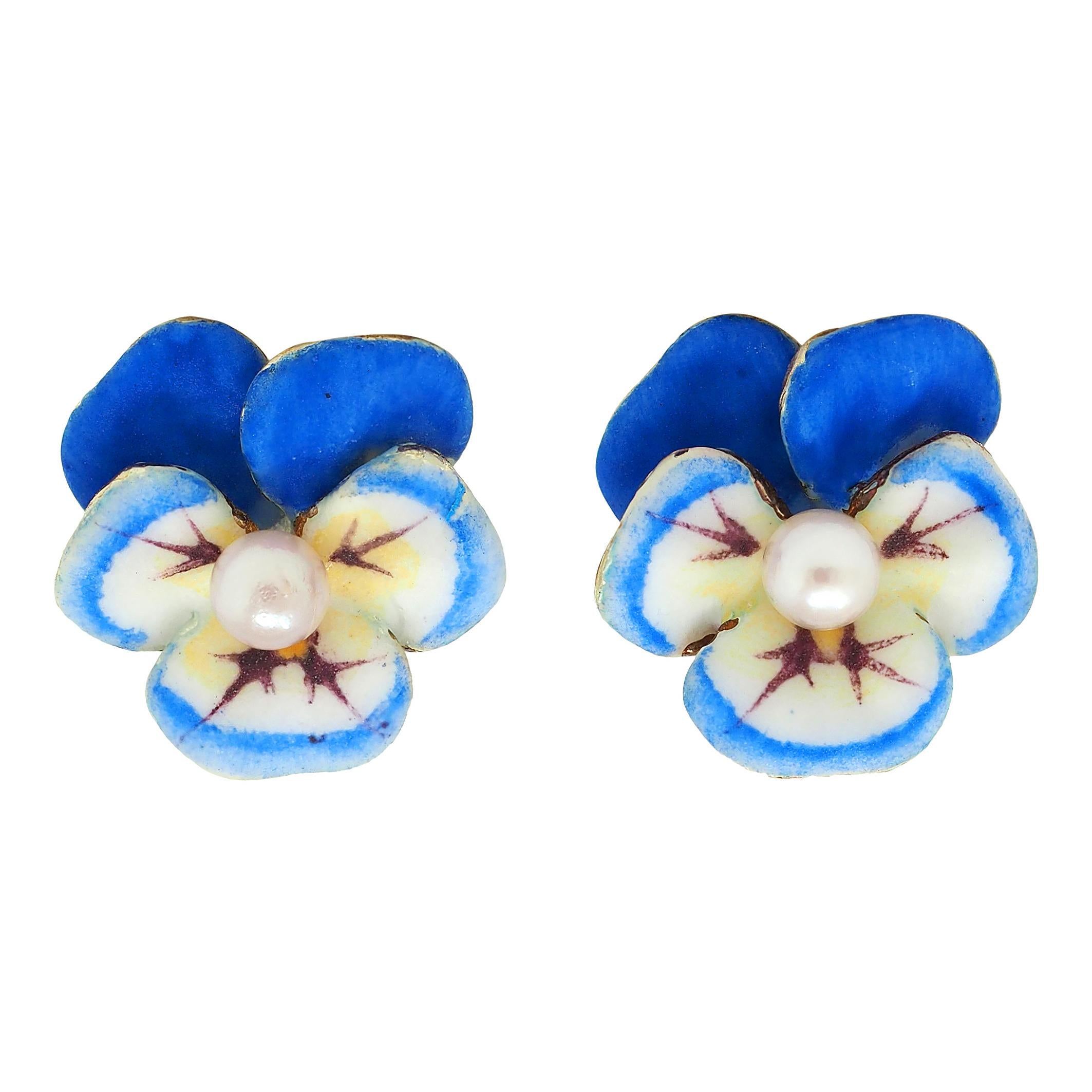 Larter & Sons Art Nouveau Pearl Enamel 14K Gold Antique Blue Pansy Stud Earrings