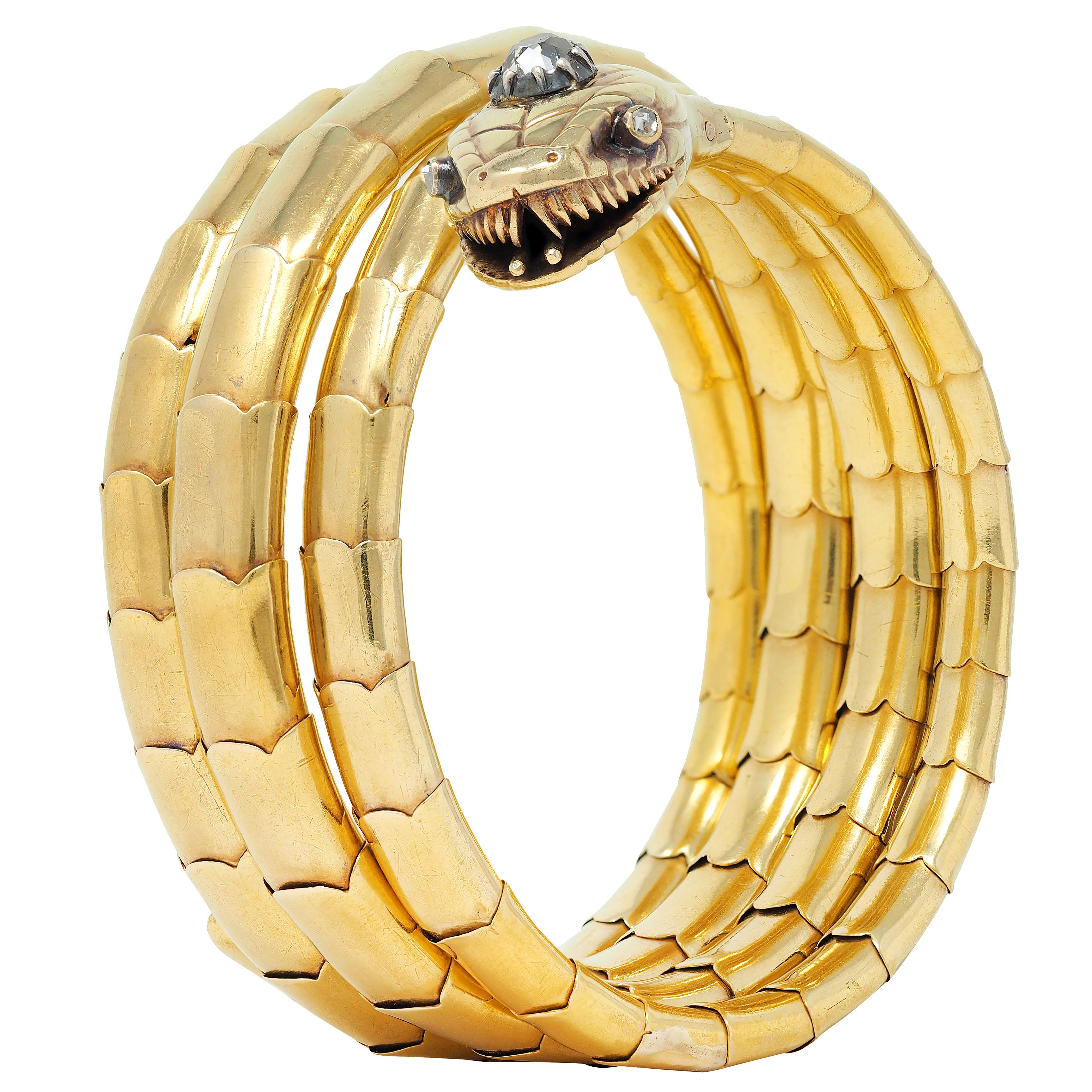 Victorian Diamond 18 Karat Yellow Gold Silver Antique Snake Wrap Bracelet