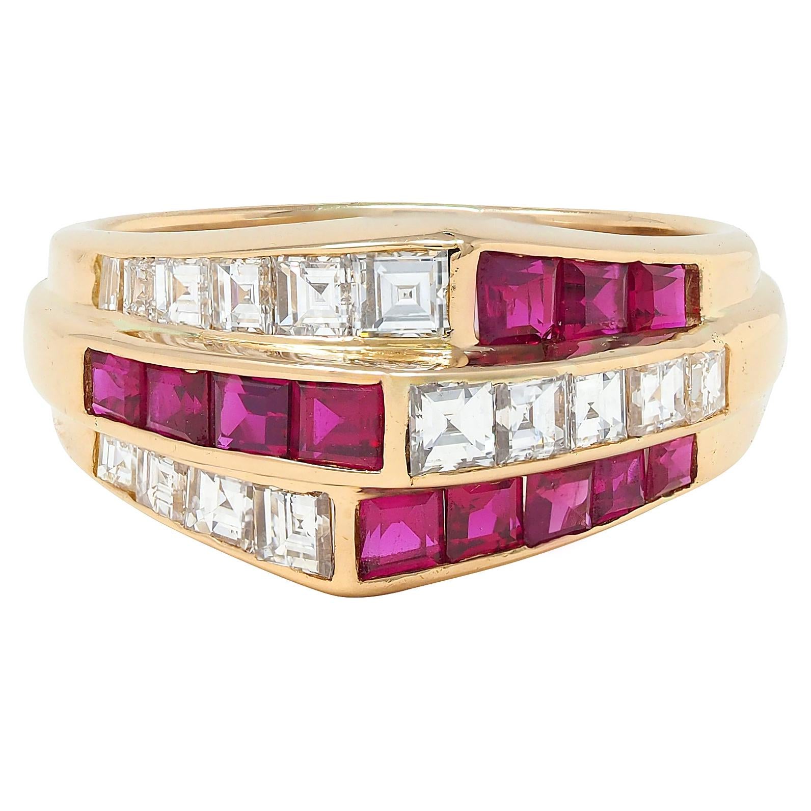 Oscar Heyman 1980's Ruby Diamond 18 Karat Yellow Gold Vintage Channel Band Ring