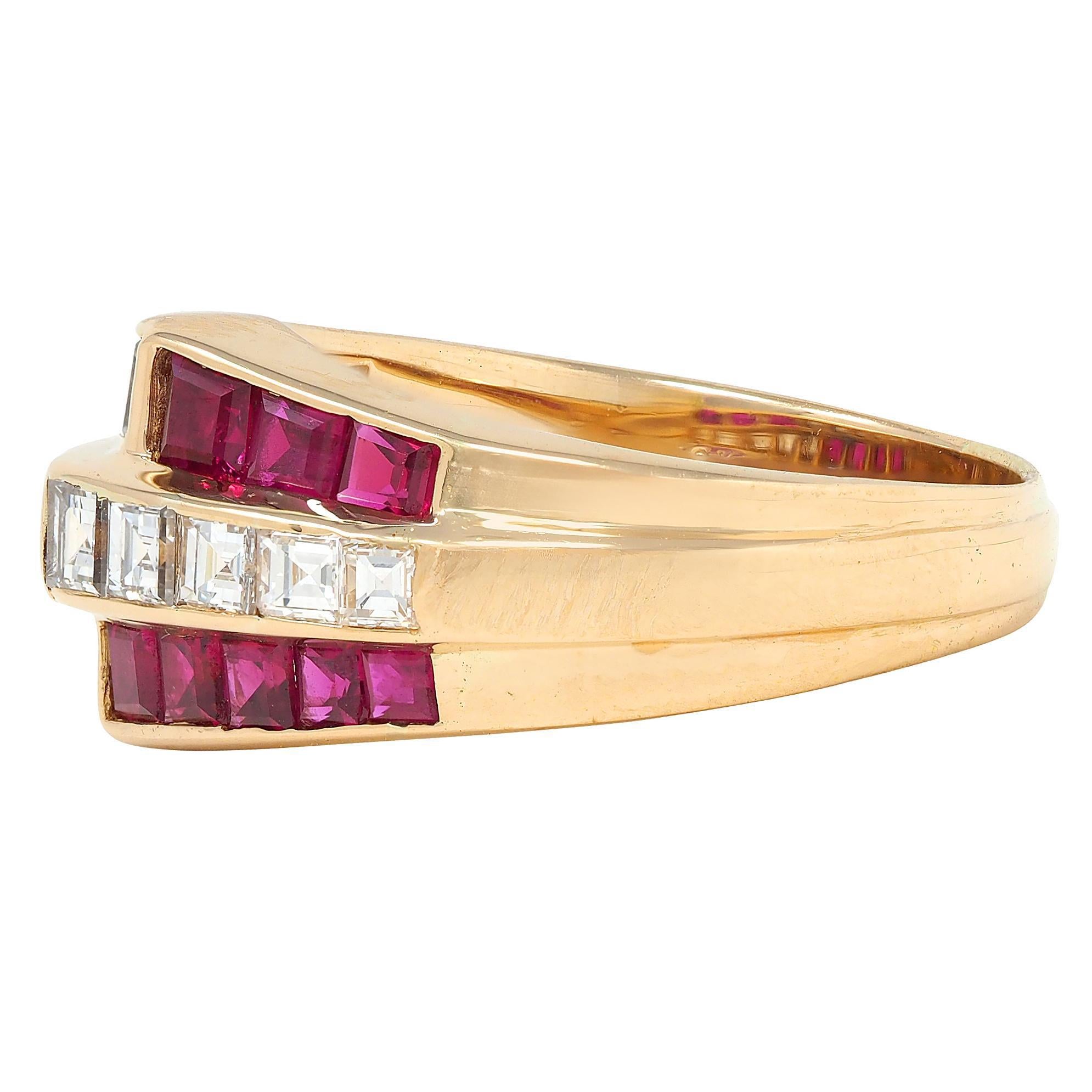 Oscar Heyman 1980's Ruby Diamond 18 Karat Yellow Gold Vintage Channel Band Ring