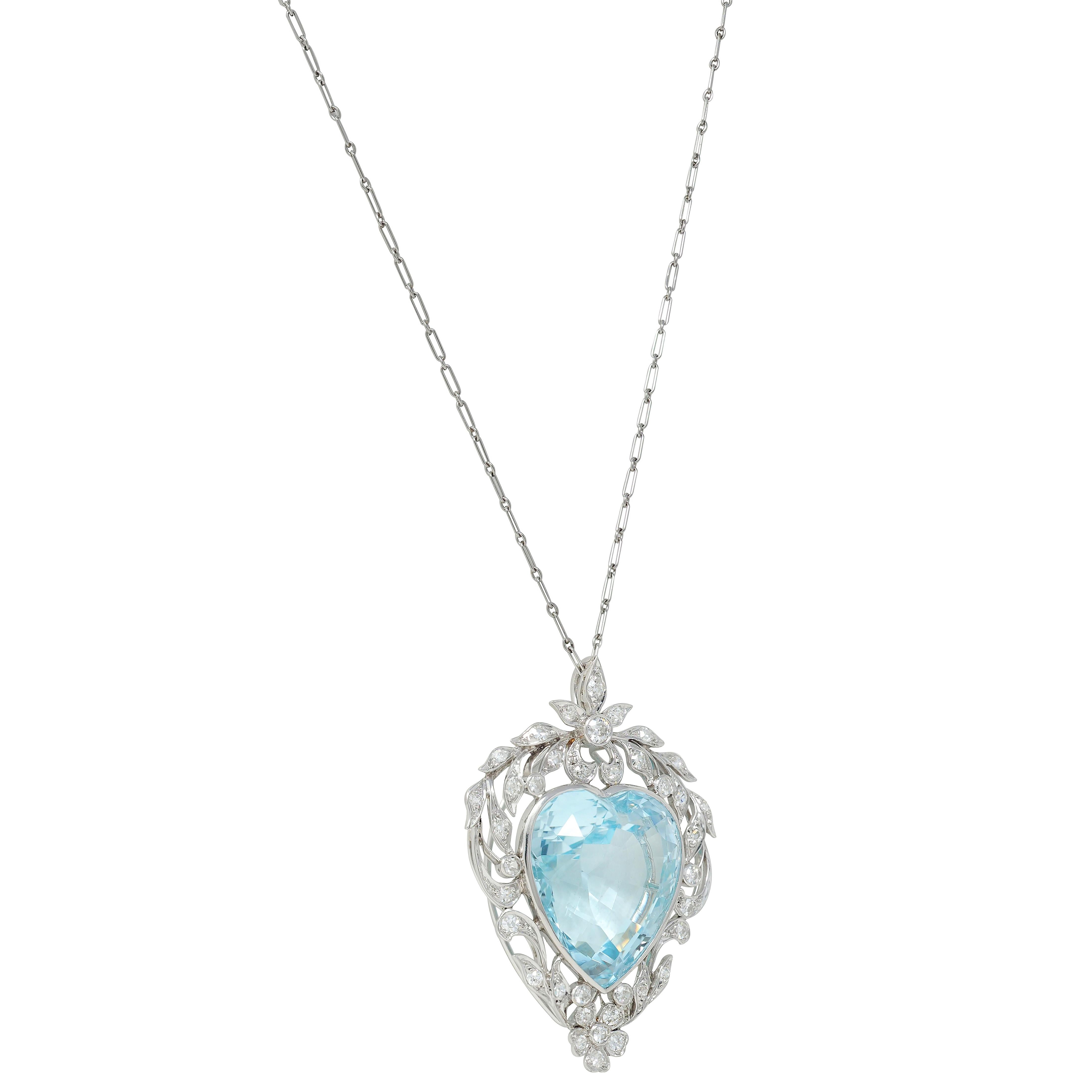 Edwardian 23.70 CTW Aquamarine Diamond Platinum Antique Heart Pendant Necklace