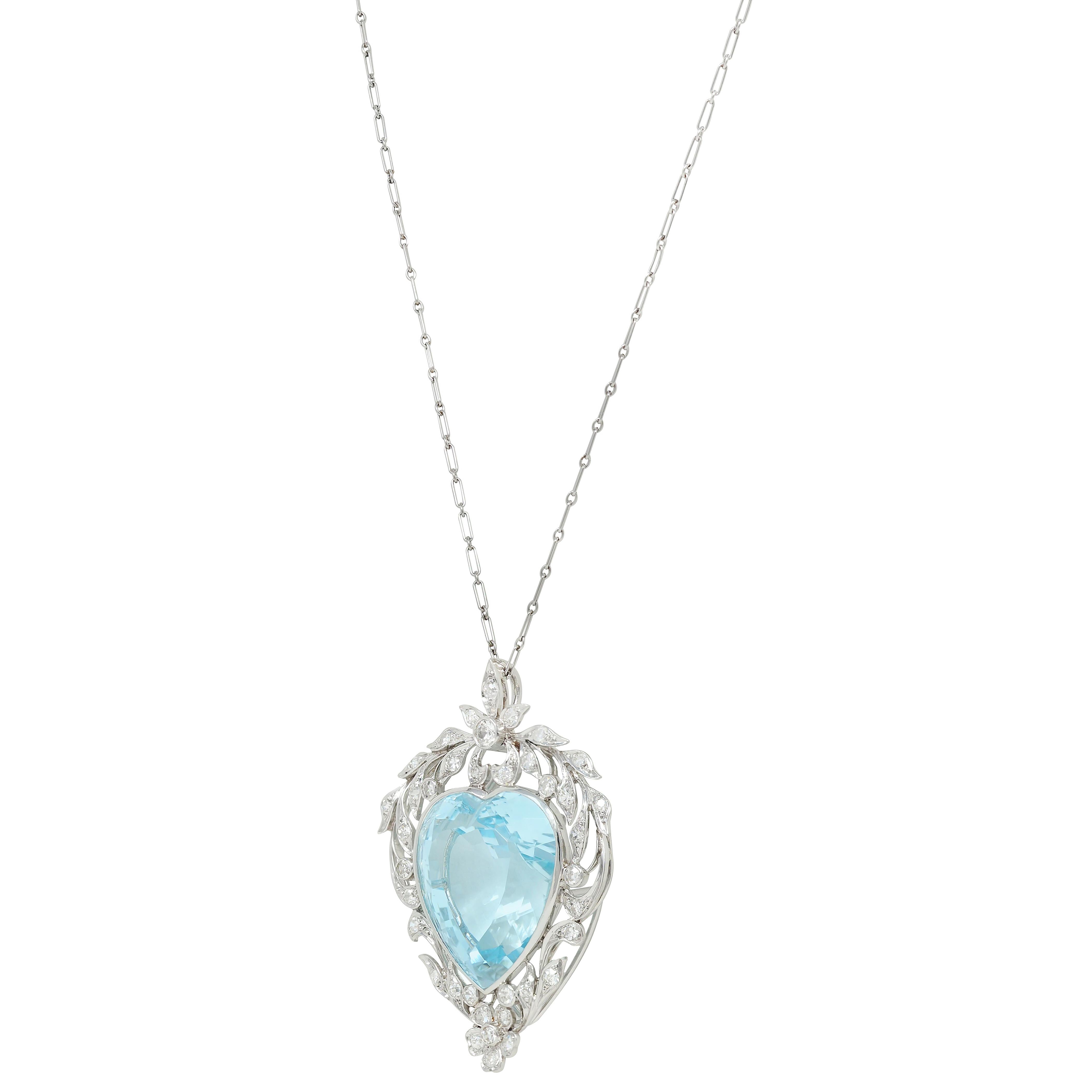 Edwardian 23.70 CTW Aquamarine Diamond Platinum Antique Heart Pendant Necklace