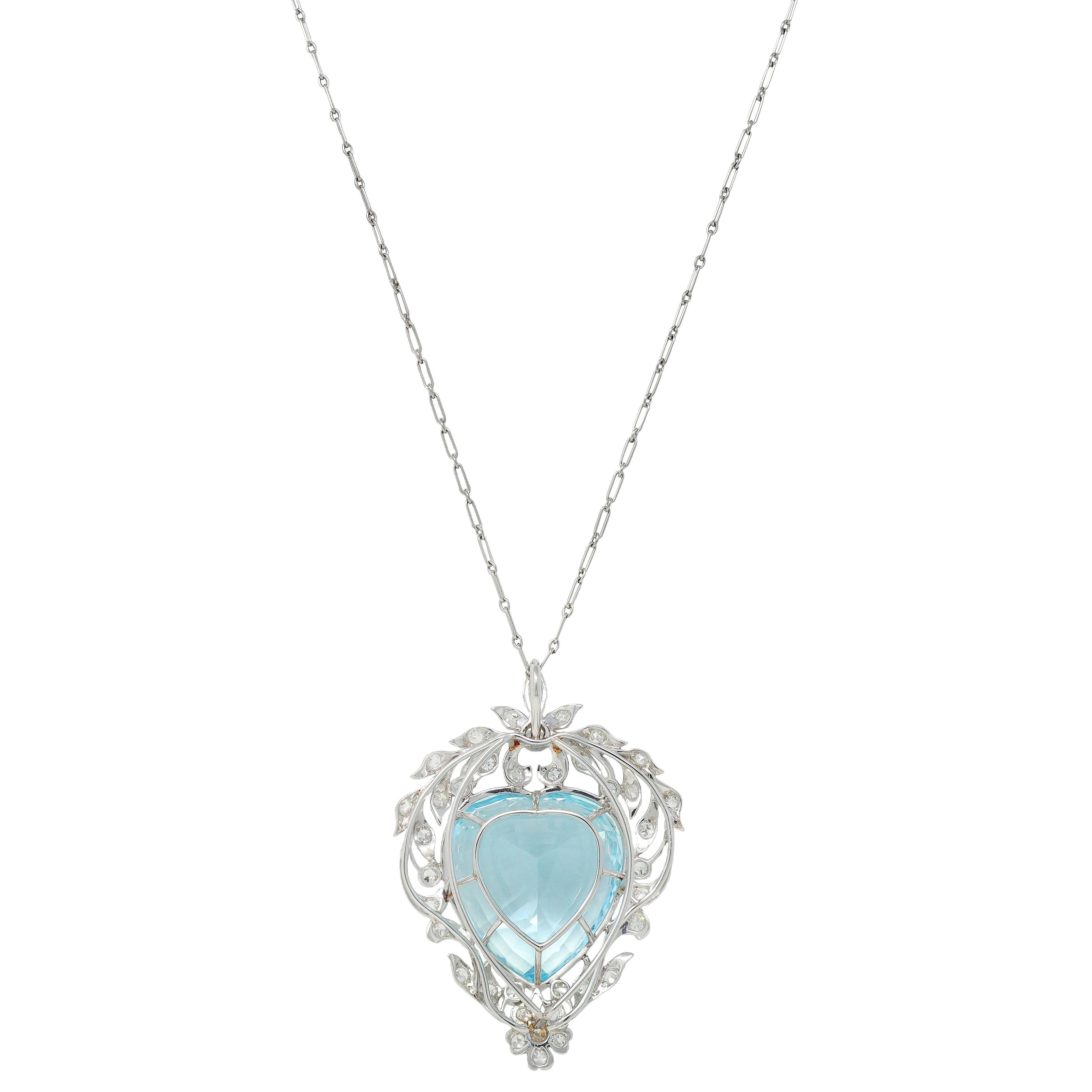 Edwardian 23.70 CTW Aquamarine Diamond Platinum Antique Heart Pendant Necklace