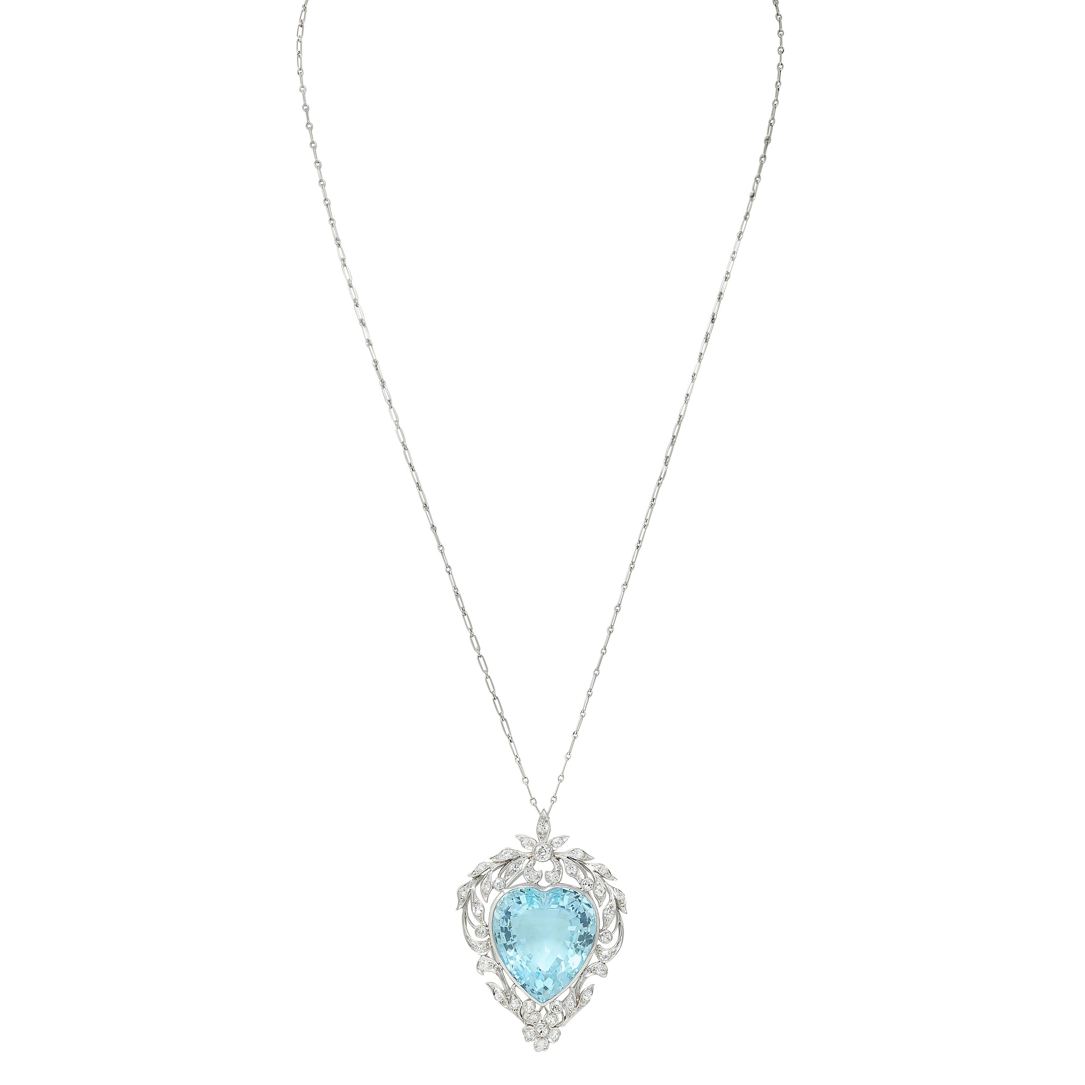 Edwardian 23.70 CTW Aquamarine Diamond Platinum Antique Heart Pendant Necklace
