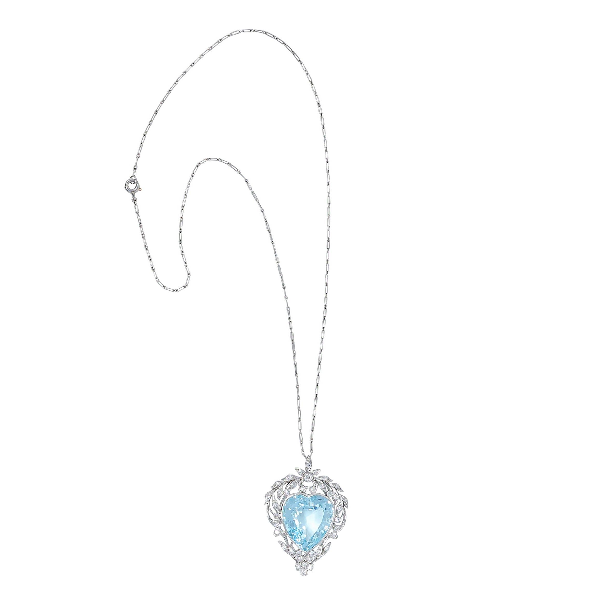 Edwardian 23.70 CTW Aquamarine Diamond Platinum Antique Heart Pendant Necklace