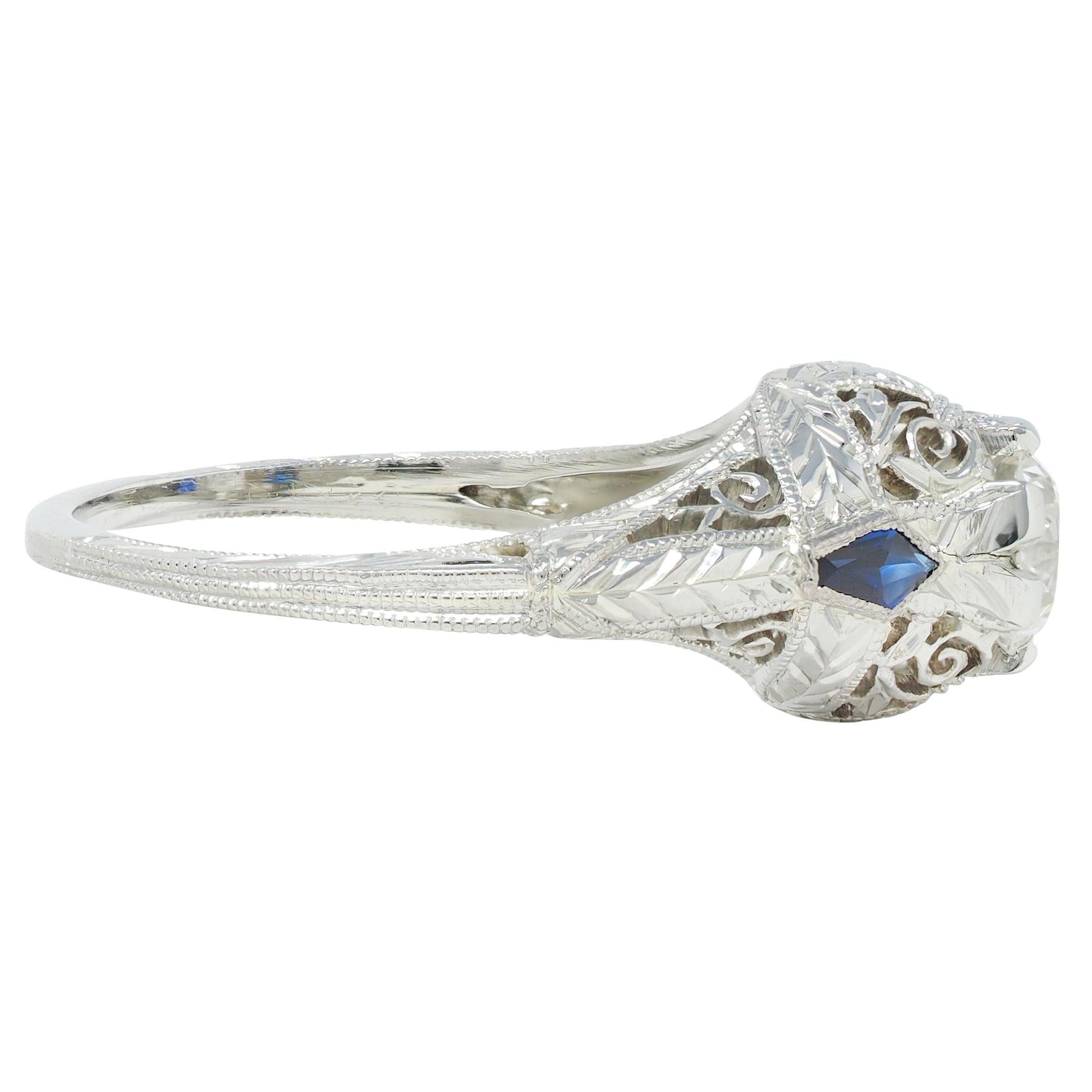Art Deco European Cut Diamond 18 Karat White Gold Vintage Scroll Engagement Ring