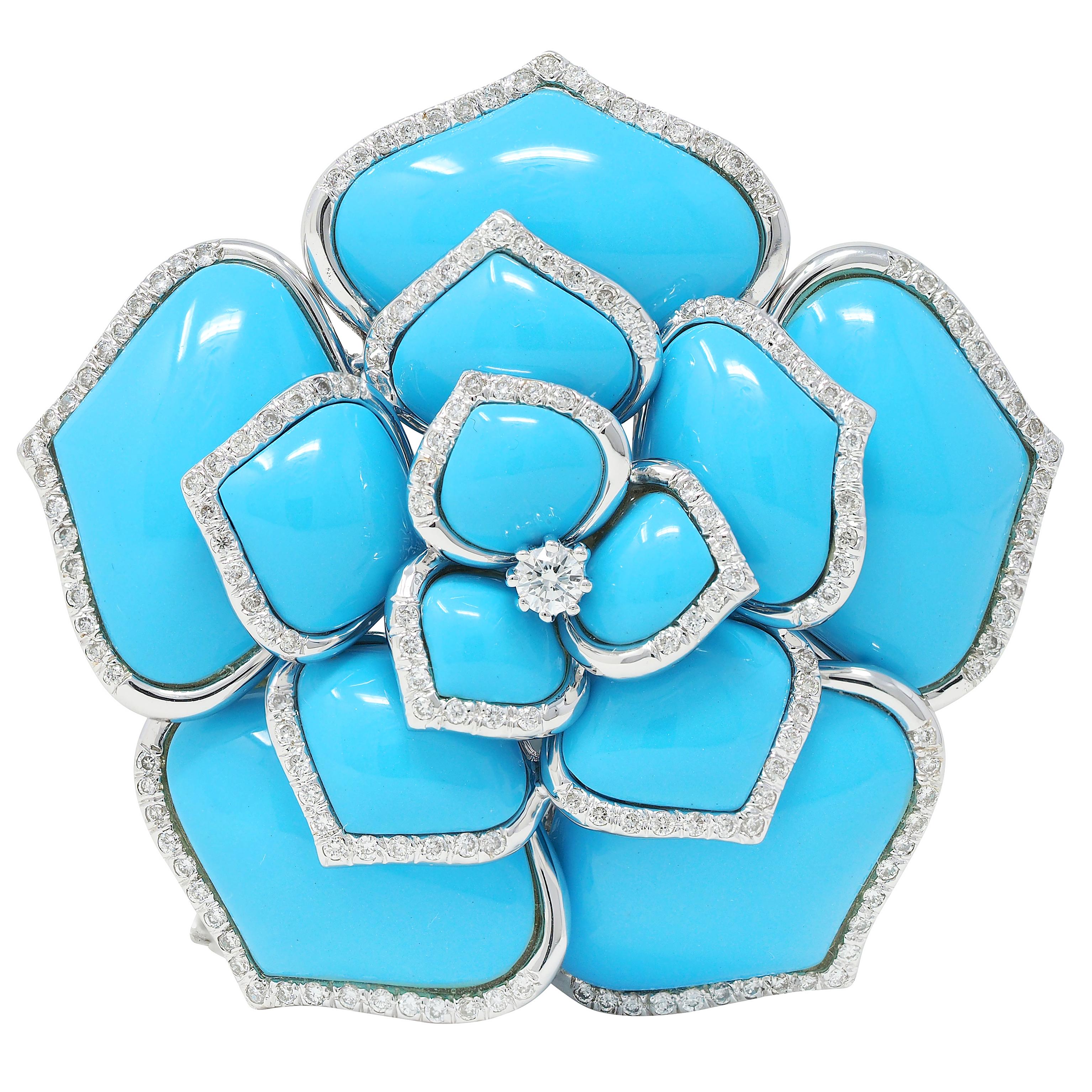 Contemporary 1.85 CTW Diamond Turquoise 18 Karat White Gold Flower Brooch