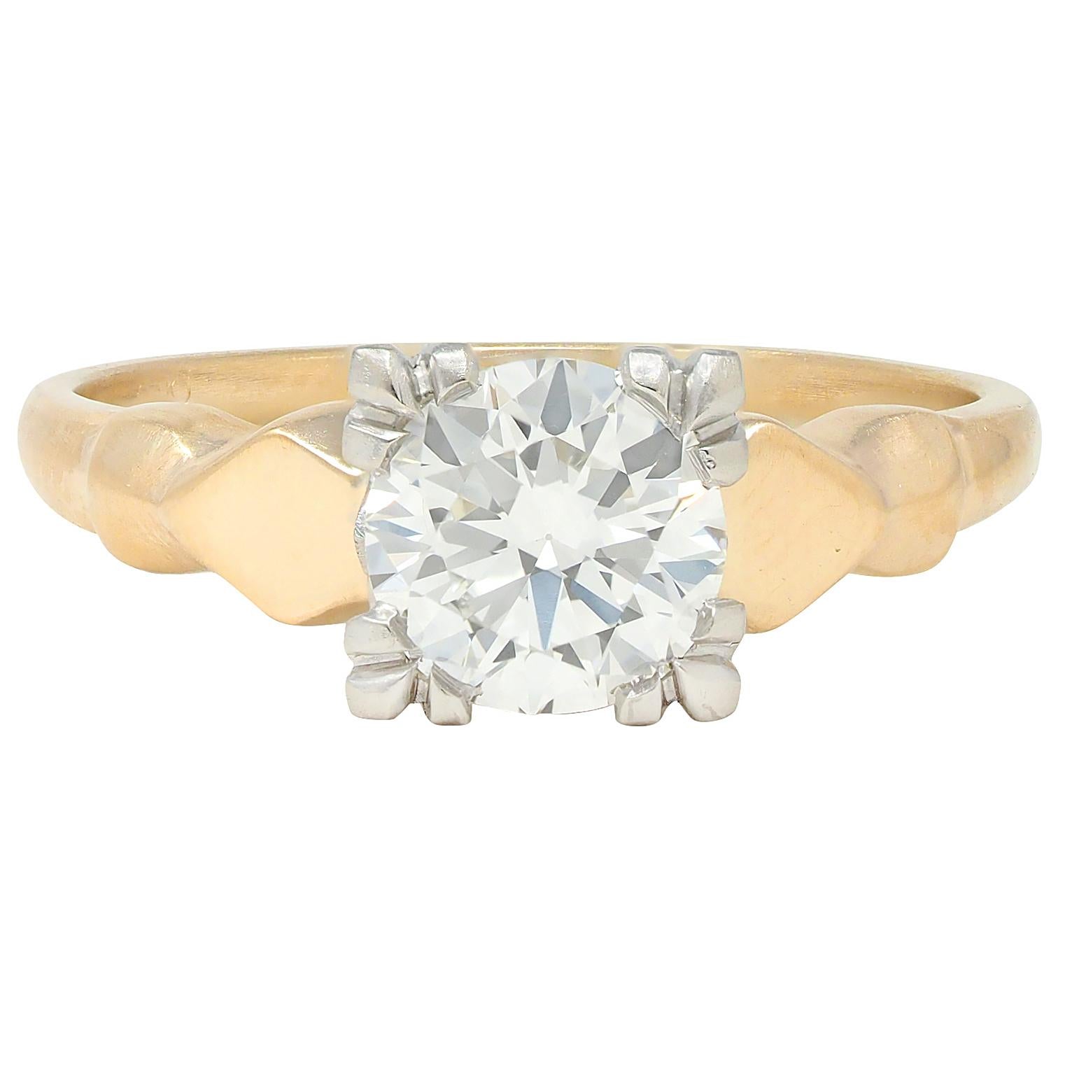 Retro 1.02 CTW Transitional Cut Platinum 14K Yellow Gold Vintage Engagement Ring