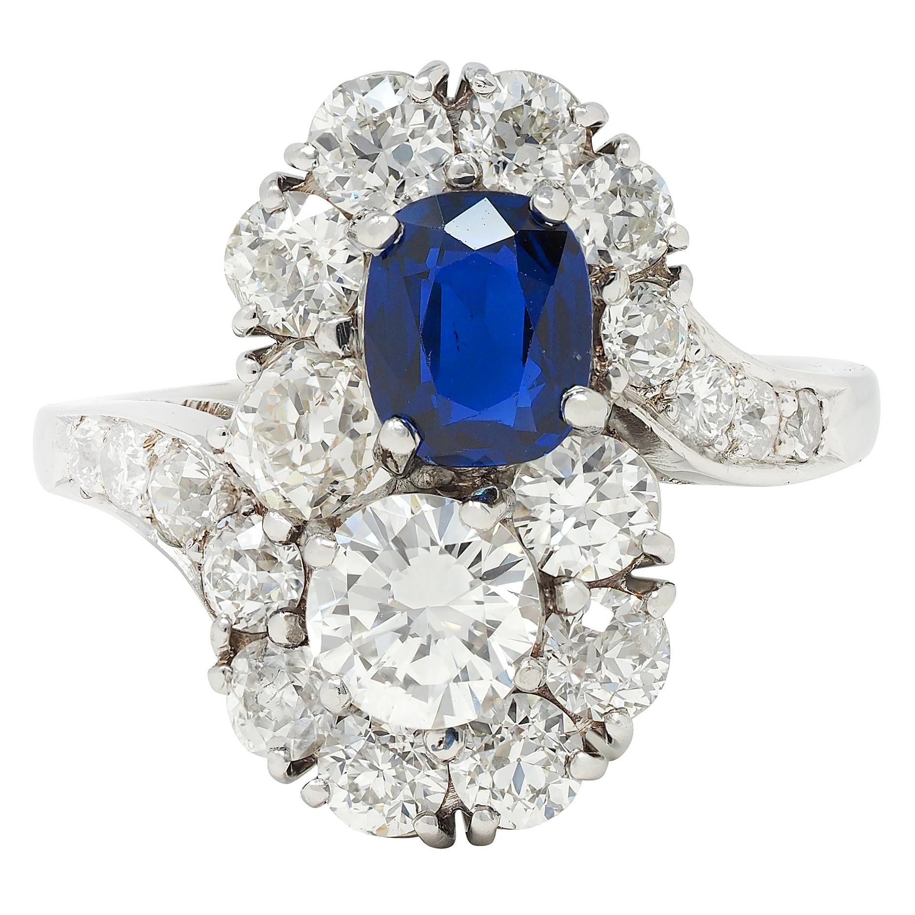 1950's 4.45 CTW No Heat Sapphire Diamond Platinum Vintage Toi-Et-Moi Ring AGL