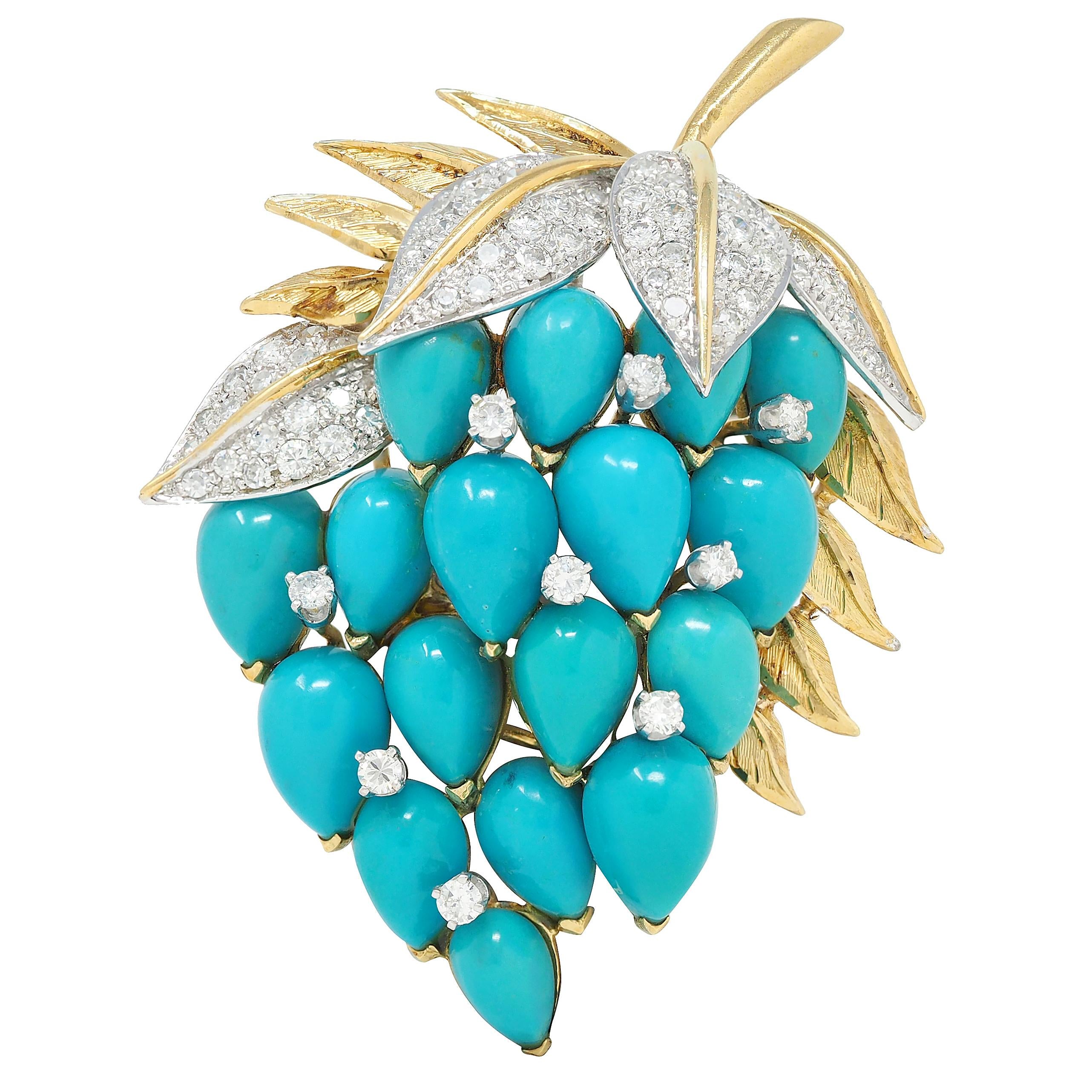 1960's Diamond Turquoise Platinum 18 Karat Yellow Gold Vintage Grape Brooch