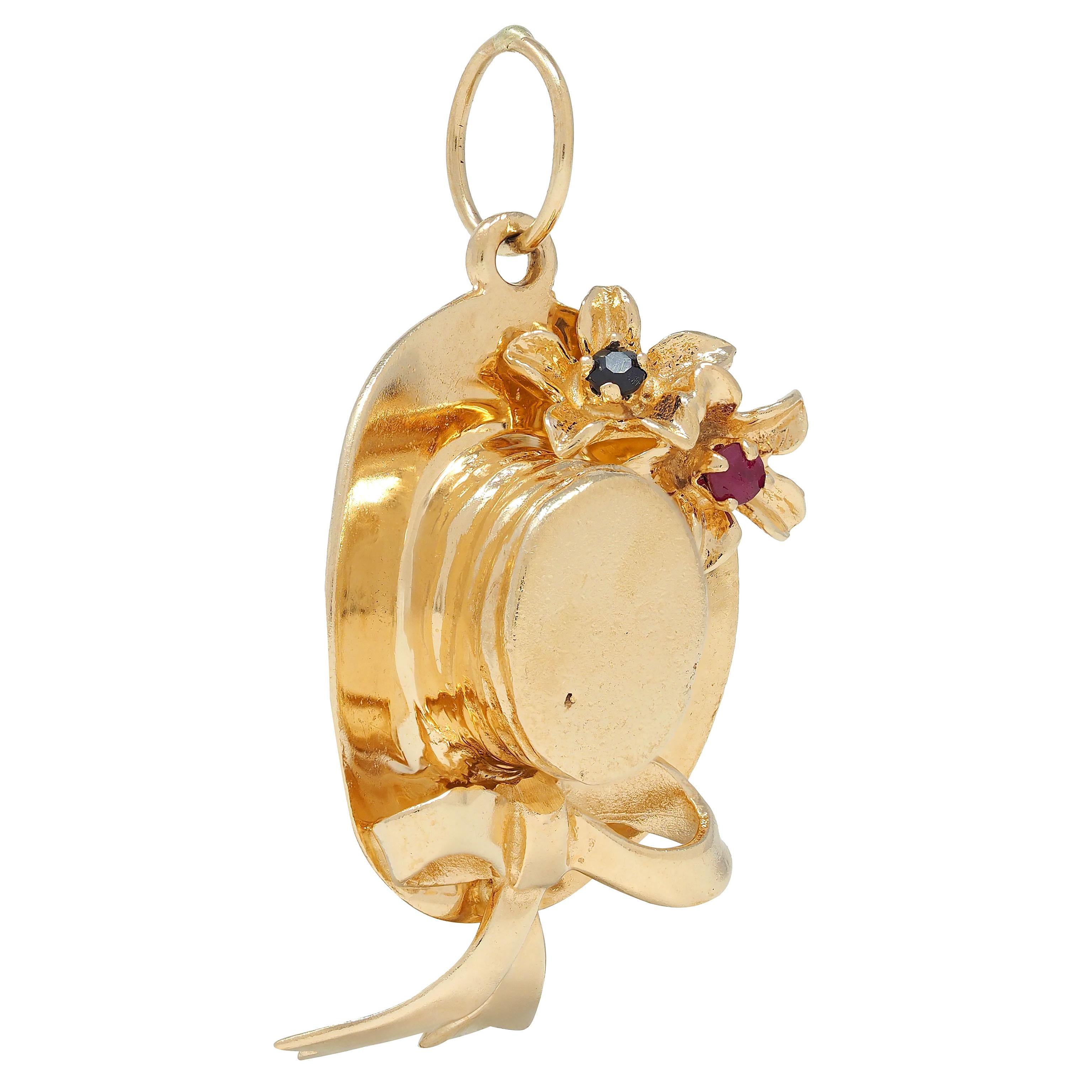 1950's Multi-Gem 14 Karat Yellow Gold Vintage Sun Hat Pendant Charm