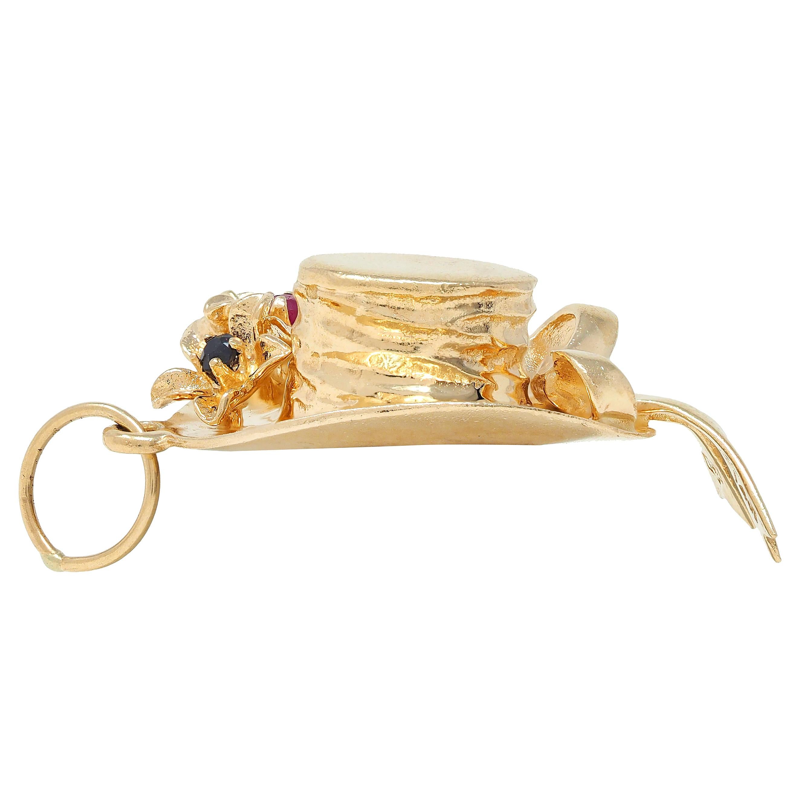 1950's Multi-Gem 14 Karat Yellow Gold Vintage Sun Hat Pendant Charm
