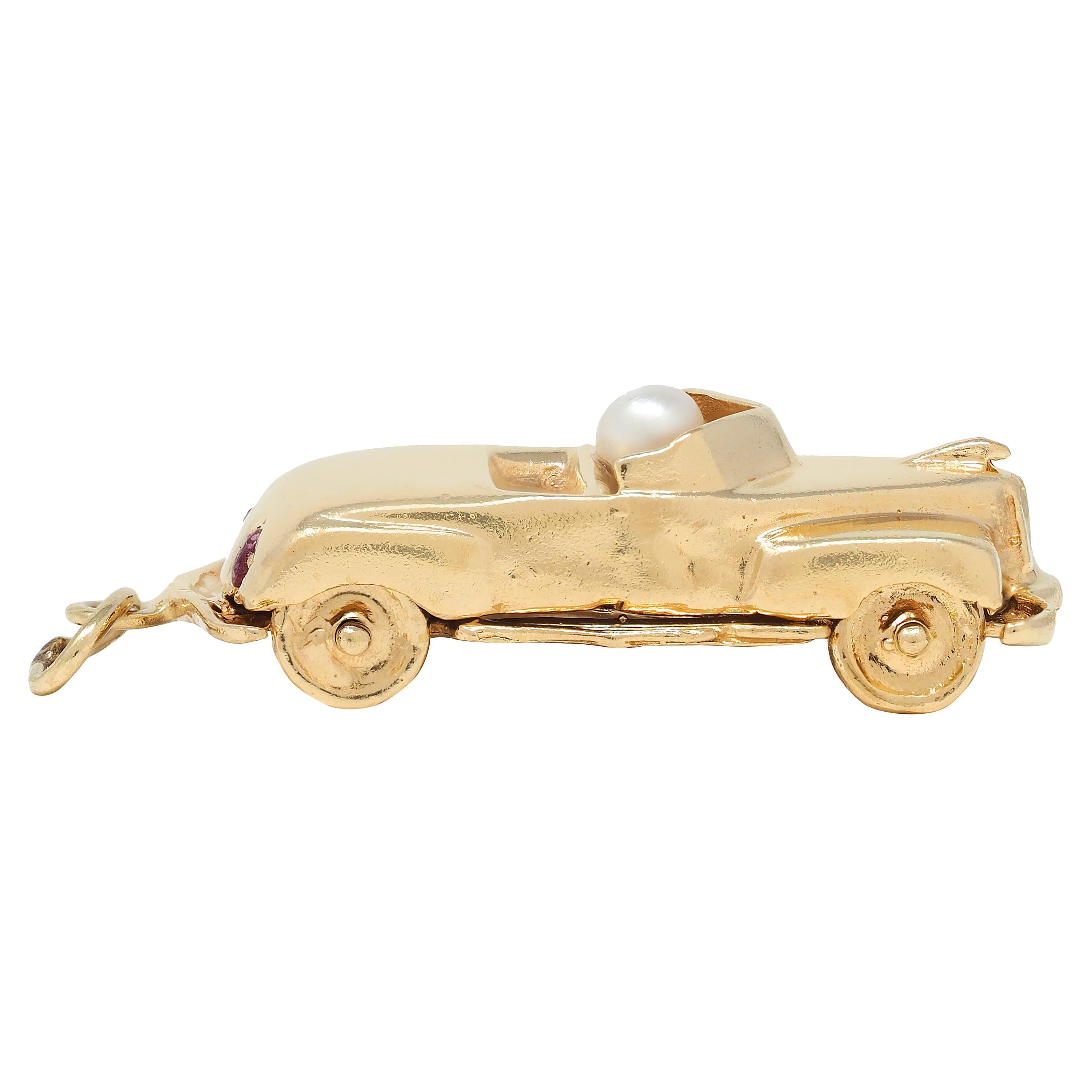 1960's Pearl Ruby Diamond 14 Karat Yellow Gold Vintage Car Pendant Charm