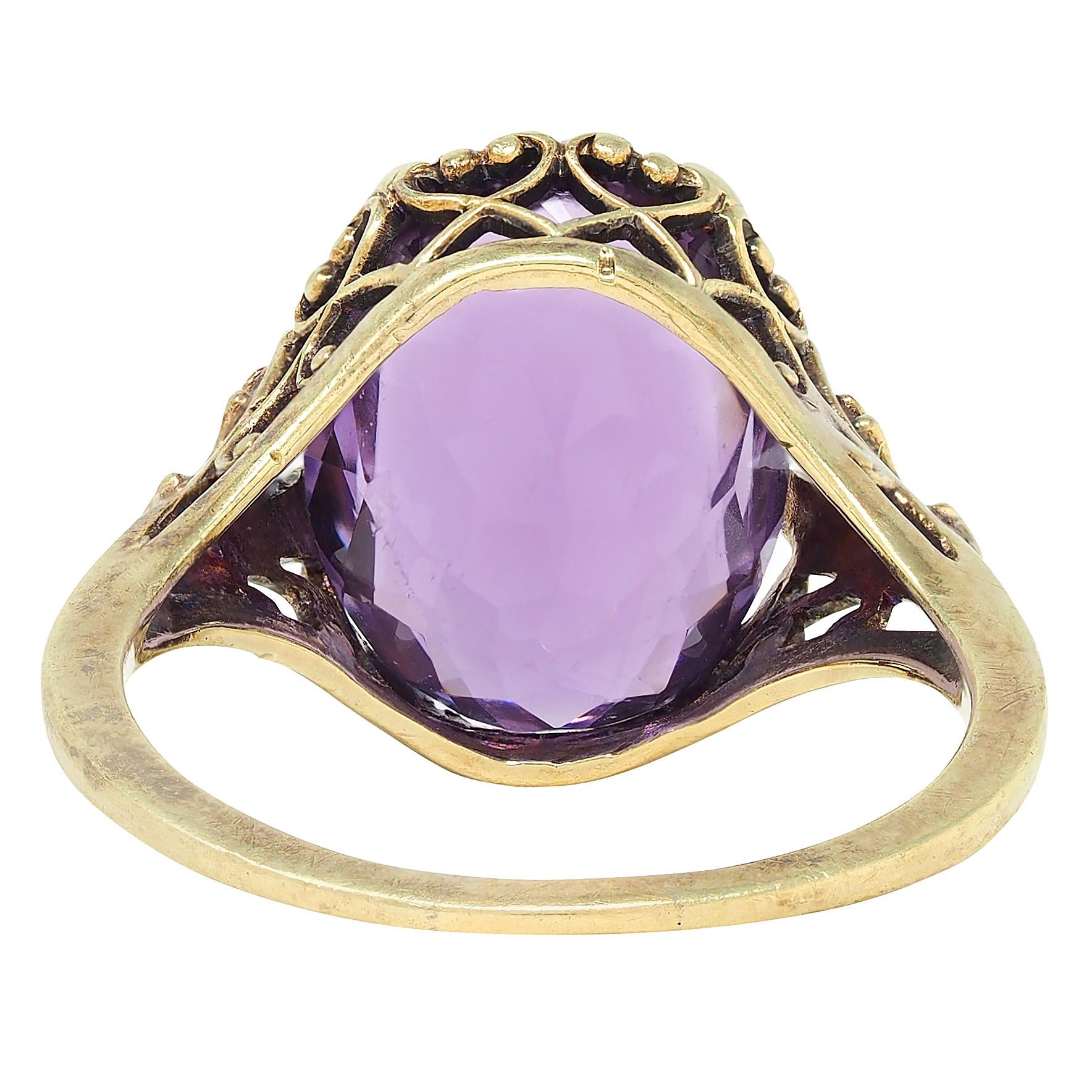 Early Art Deco 4.85 CTW Amethyst 14K Yellow Gold Heart Filigree Cocktail Ring
