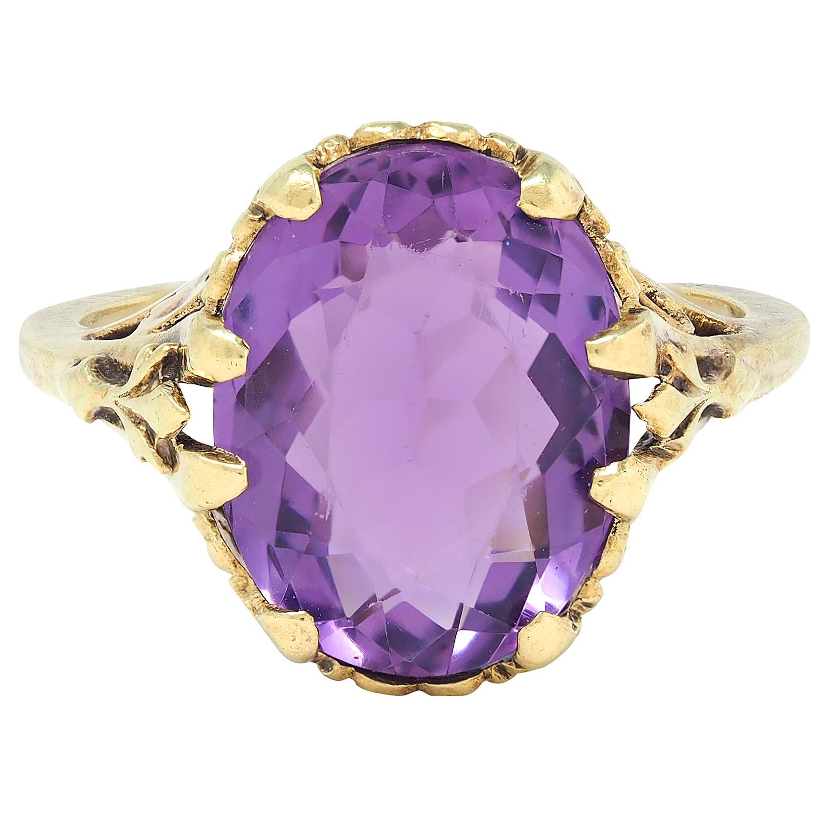 Early Art Deco 4.85 CTW Amethyst 14K Yellow Gold Heart Filigree Cocktail Ring