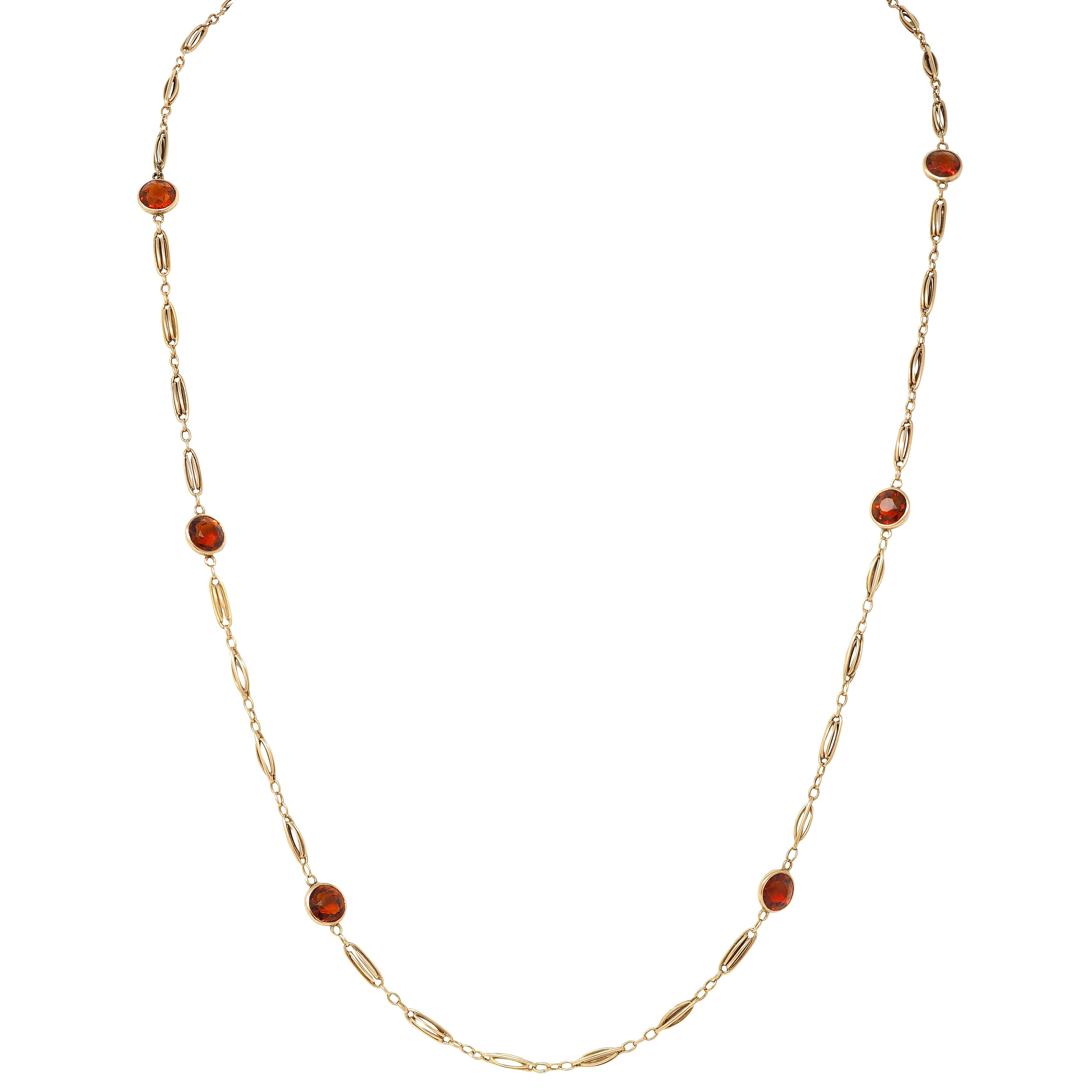 Victorian Citrine 14 Karat Yellow Gold Antique Bezel Station Link Chain Necklace
