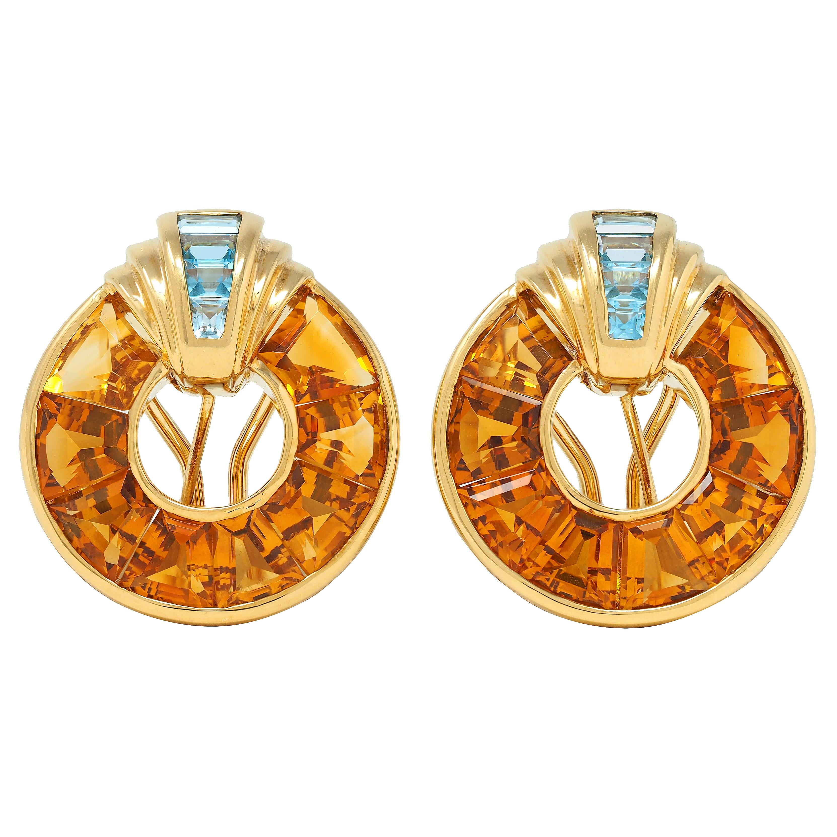 1980's 14.60 CTW Topaz Citrine 18 Karat Gold Vintage Geometric Disk Earrings