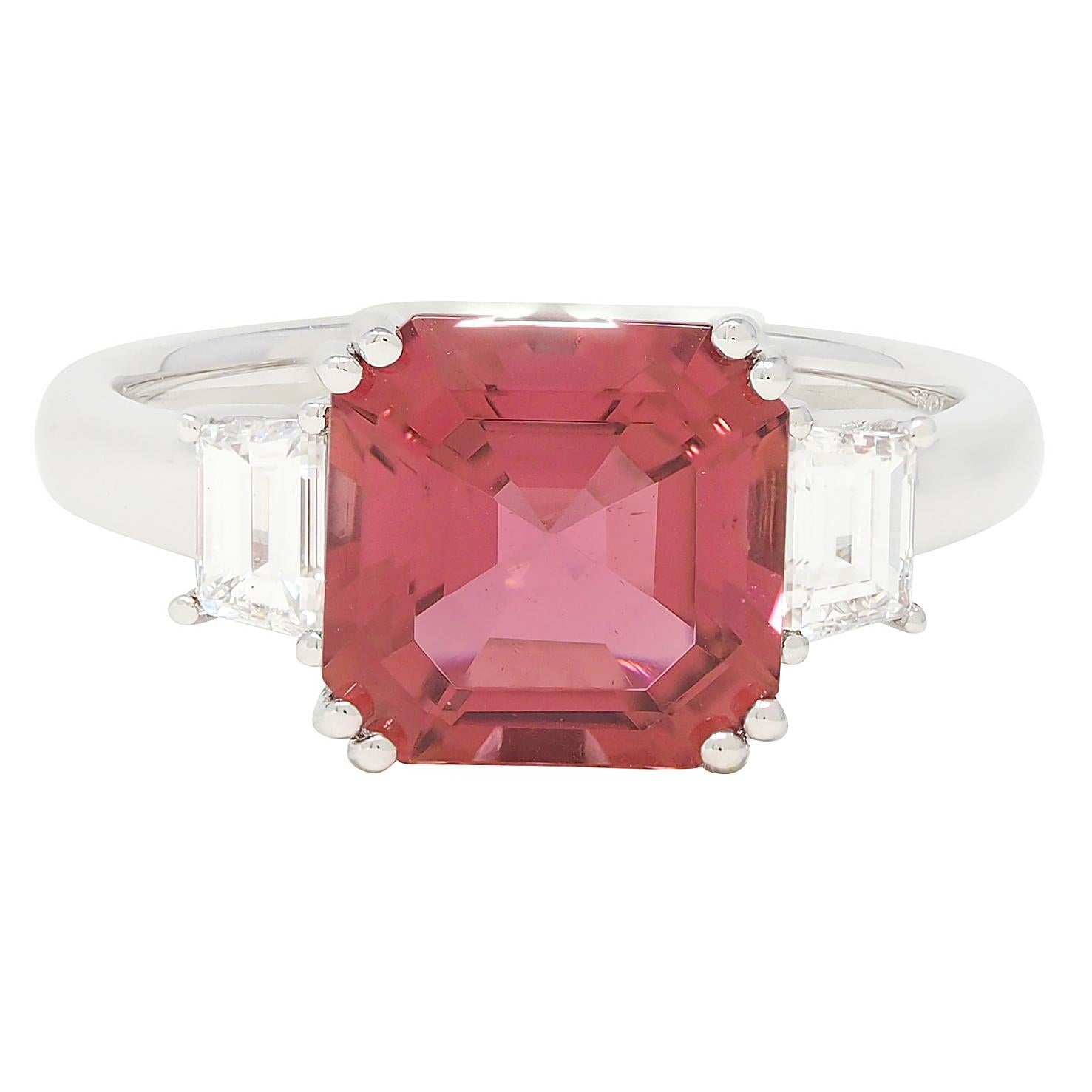 Contemporary 4.08 CTW Tourmaline Diamond 18 Karat White Gold Three Stone Ring