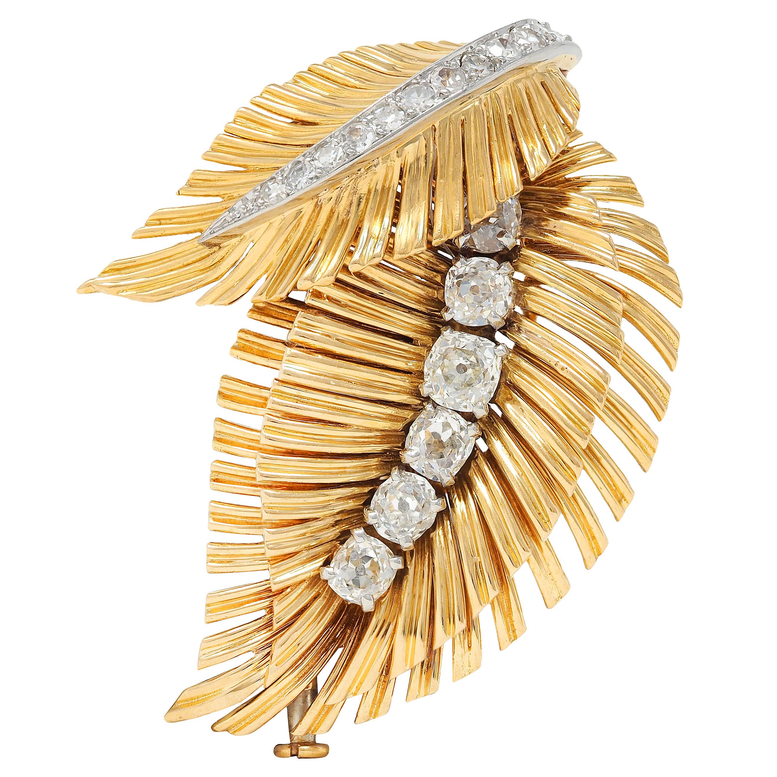 Van Cleef & Arpels French 1950's Diamond Platinum 18K Gold Vintage Leaf Brooch
