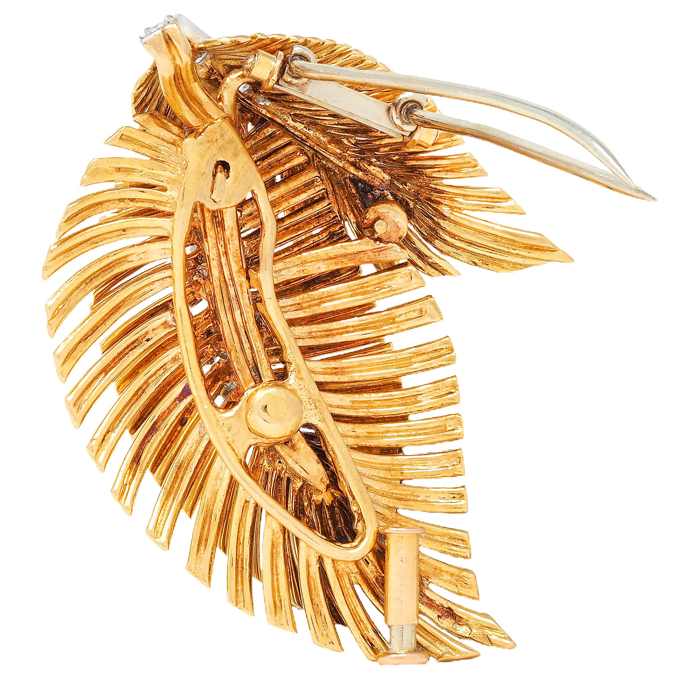 Van Cleef & Arpels French 1950's Diamond Platinum 18K Gold Vintage Leaf Brooch