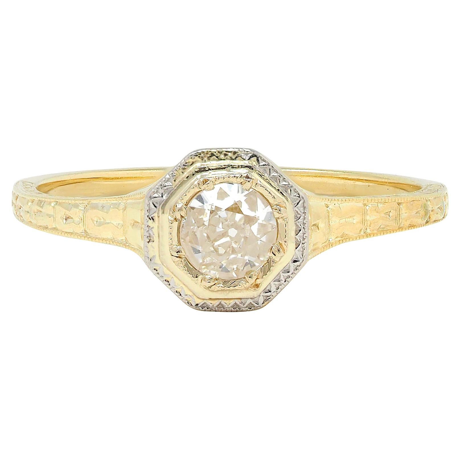Art Deco European Diamond Platinum 18 Karat Yellow Gold Vintage Engagement Ring