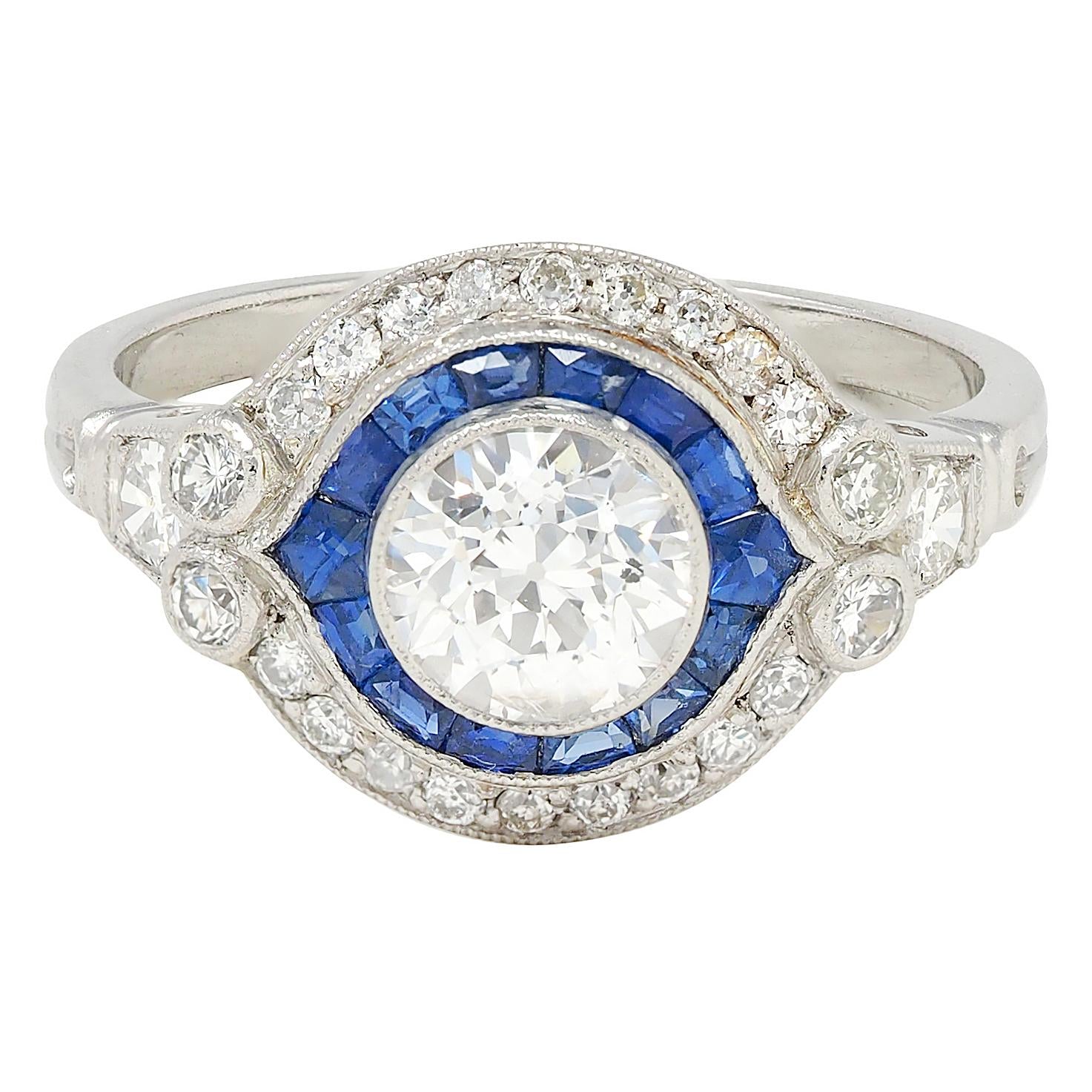 Art Deco Old European Diamond Sapphire Platinum Vintage Halo Engagement Ring