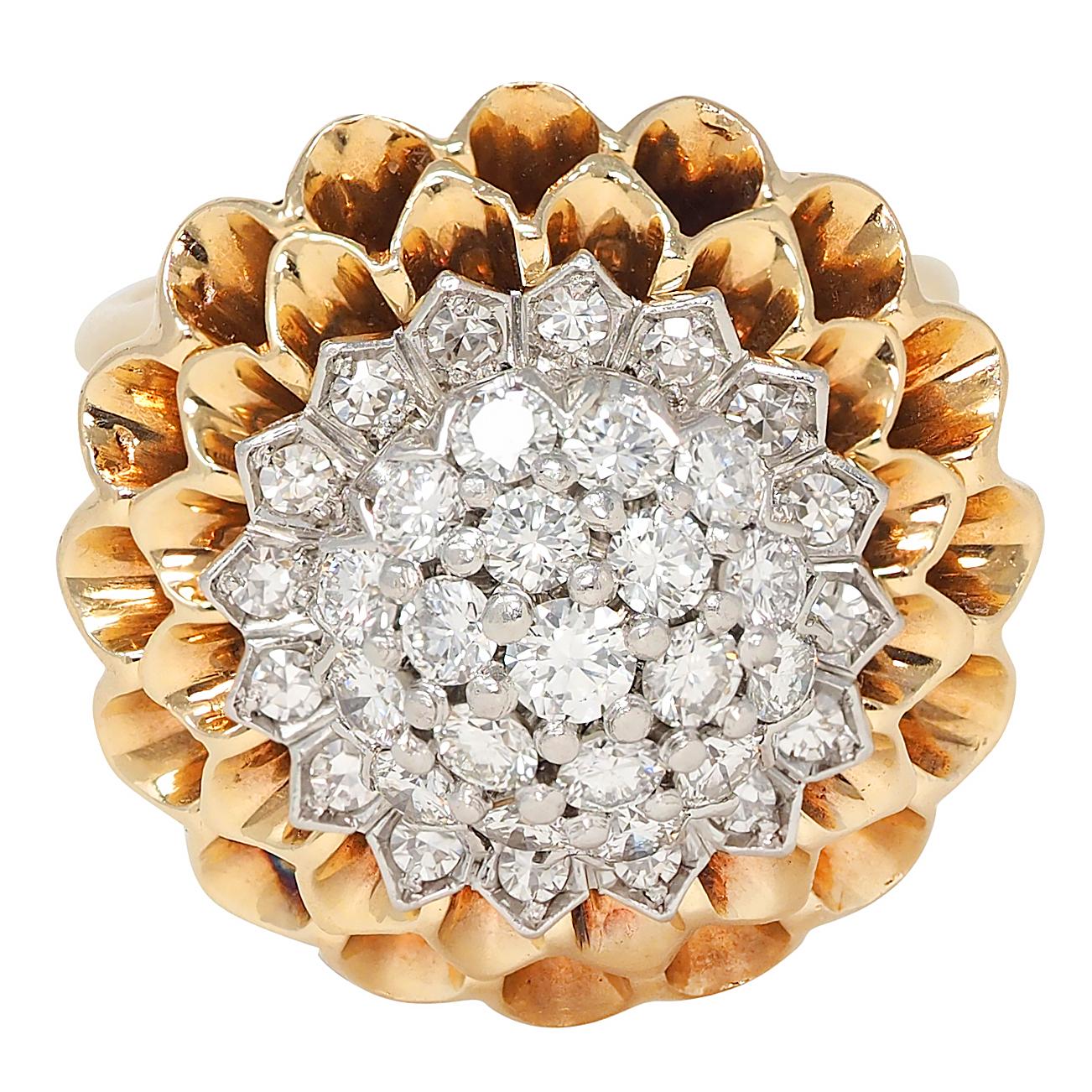 Tiffany & Co. 1950's Diamond Platinum 14K Gold Vintage Chrysanthemum Ring