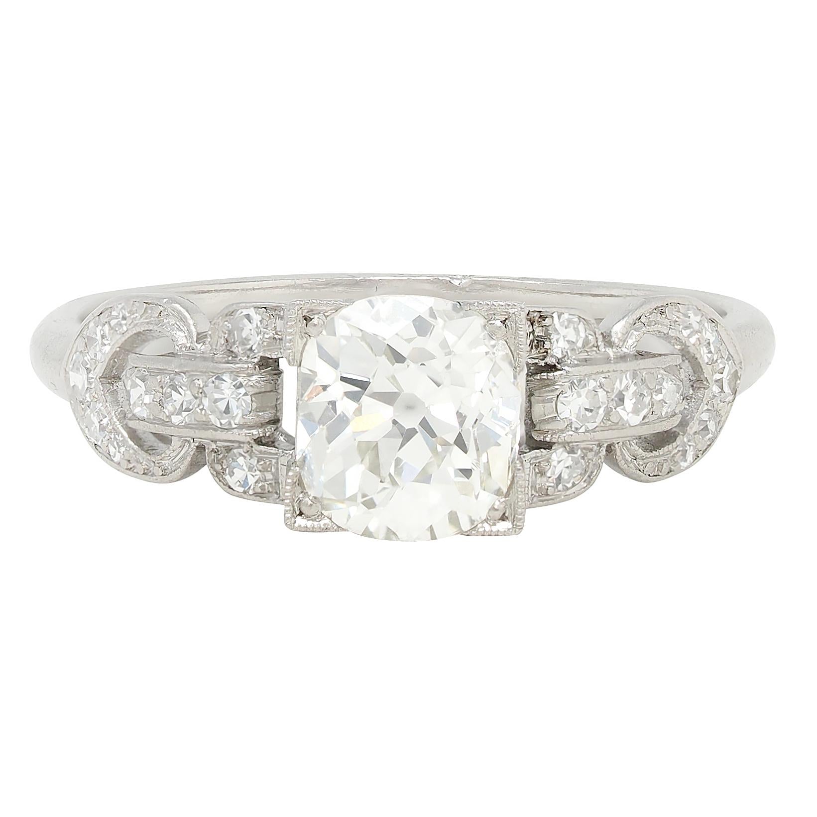 Art Deco 1.56 CTW Old Mine Cut Diamond Platinum Vintage Buckle Engagement Ring