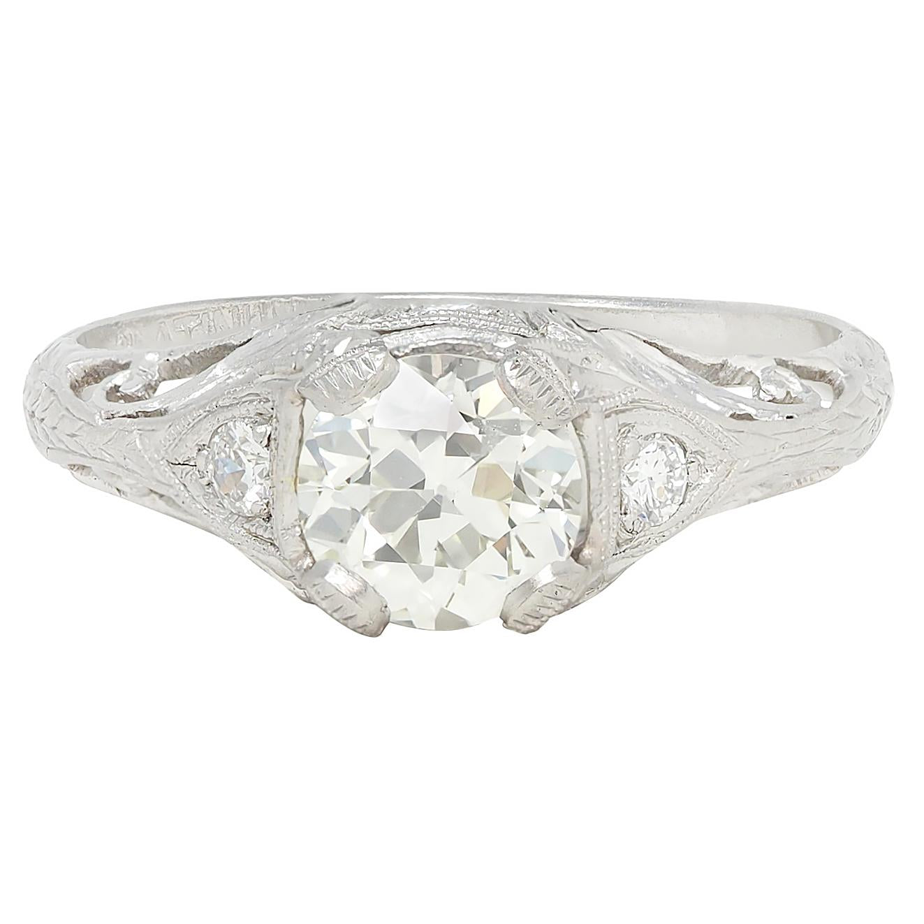 Edwardian 1.30 CTW Old European Diamond Platinum Antique Foliate Engagement Ring