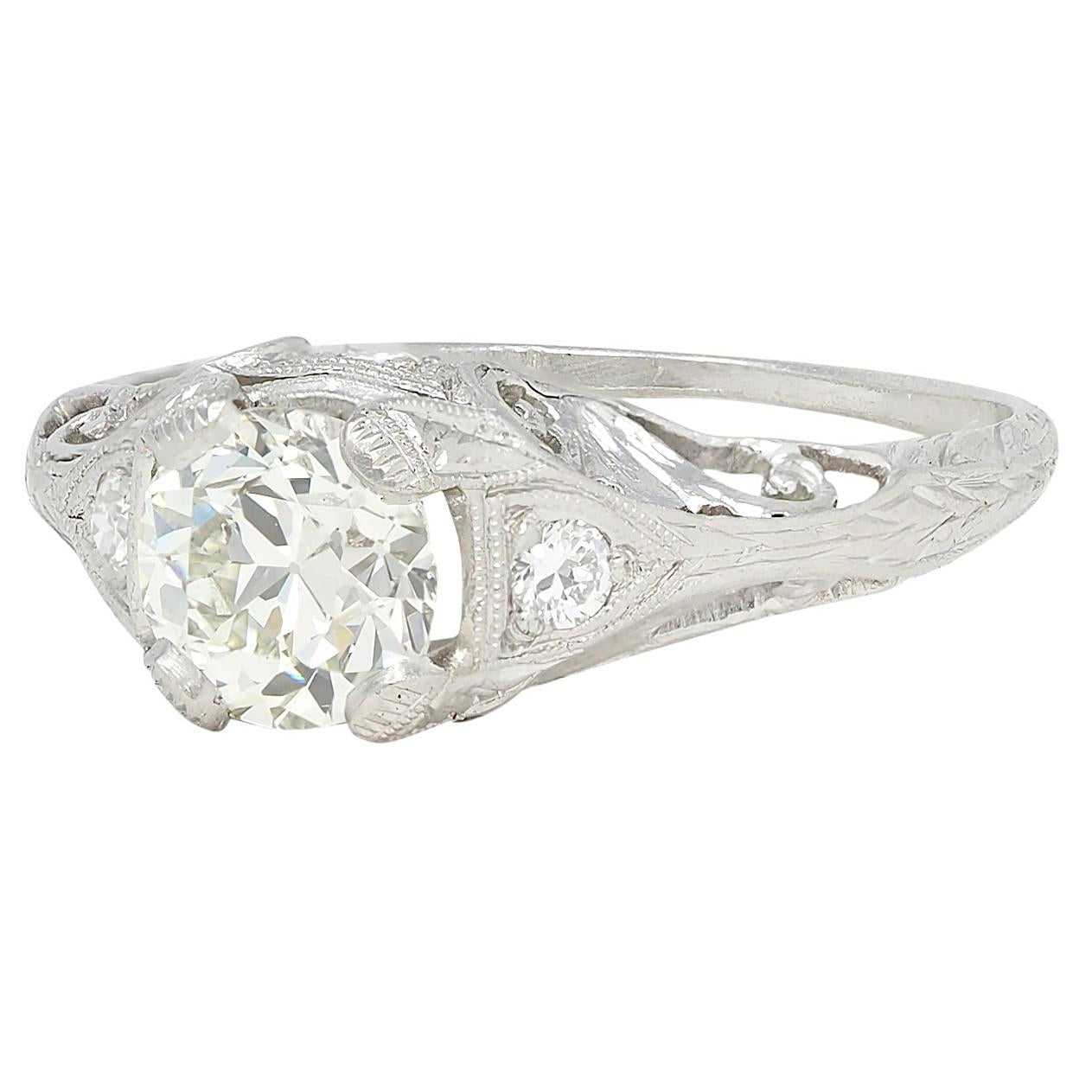 Edwardian 1.30 CTW Old European Diamond Platinum Antique Foliate Engagement Ring