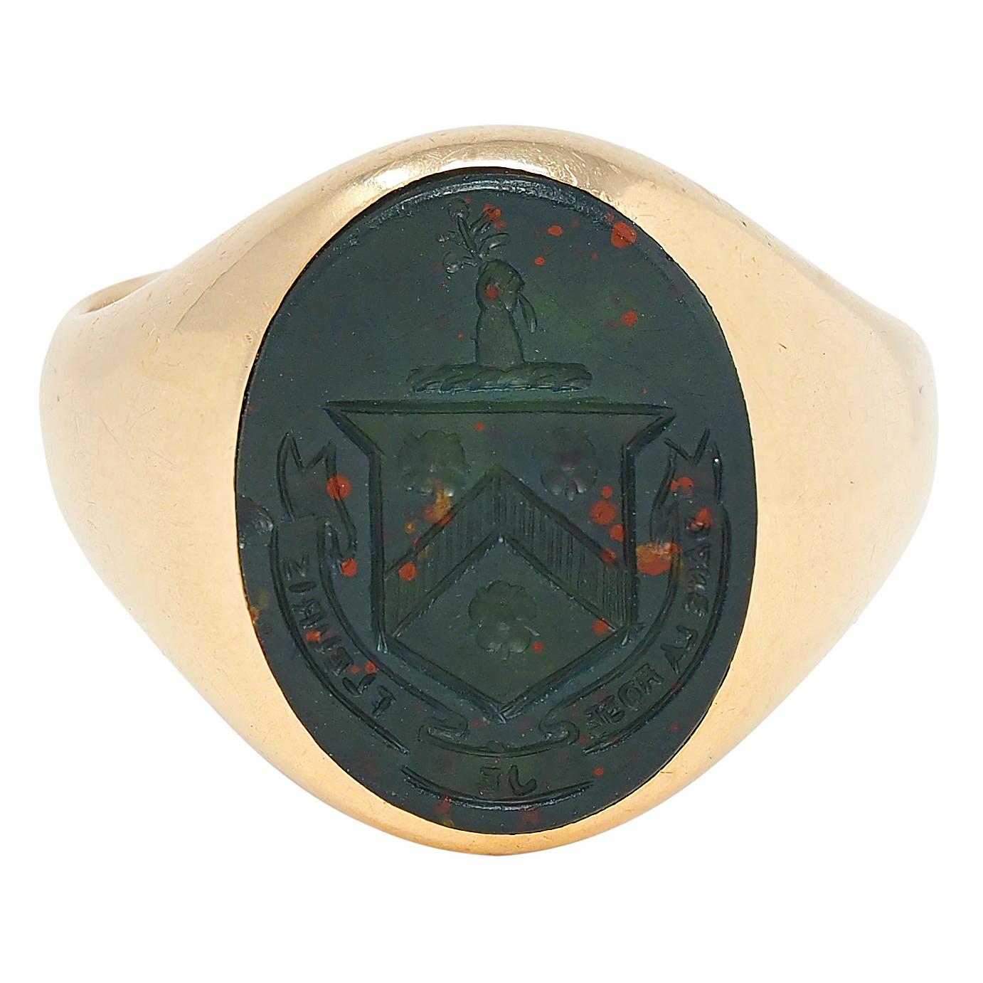 Late Victorian Bloodstone 14K Yellow Gold Antique Heraldic Crest Signet Ring