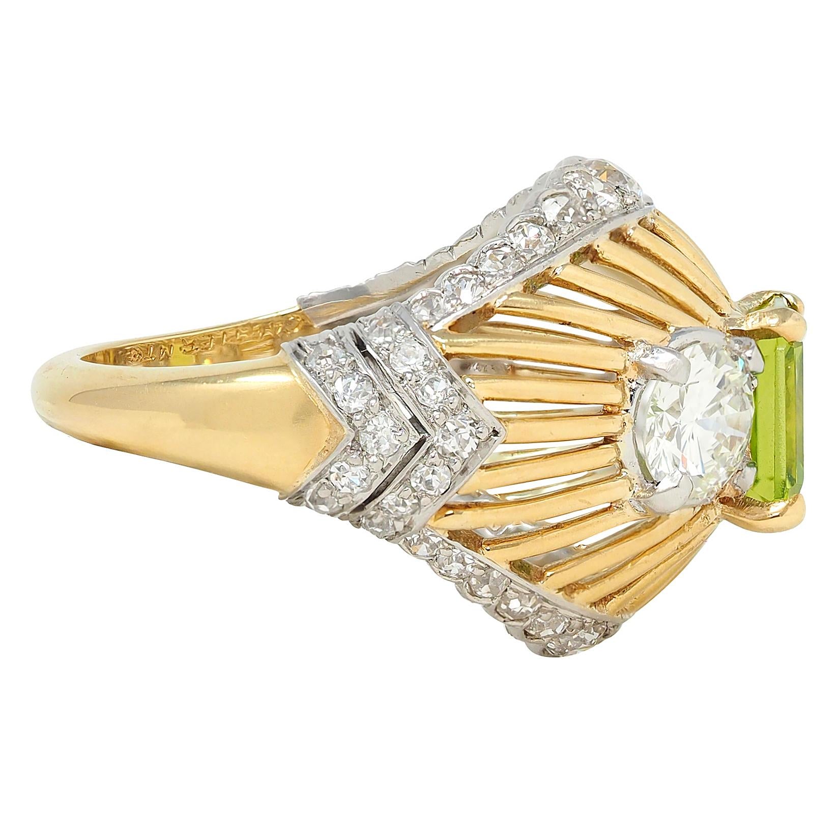 Cartier Retro 5.30 CTW Peridot Diamond Platinum 18K Gold Vintage Domed Ring