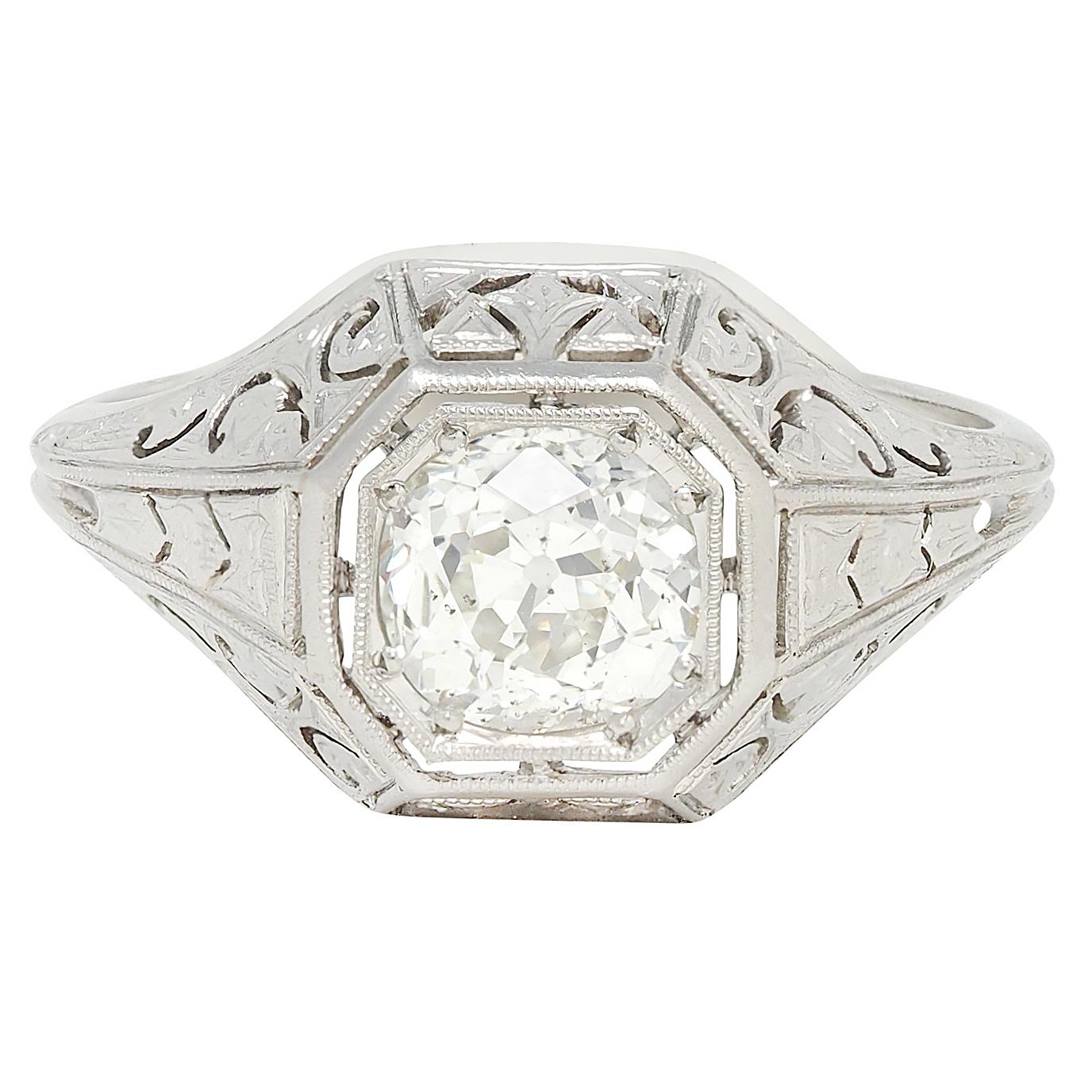 Art Deco 0.93 CTW Old Mine Diamond Platinum Vintage Solitaire Engagement Ring
