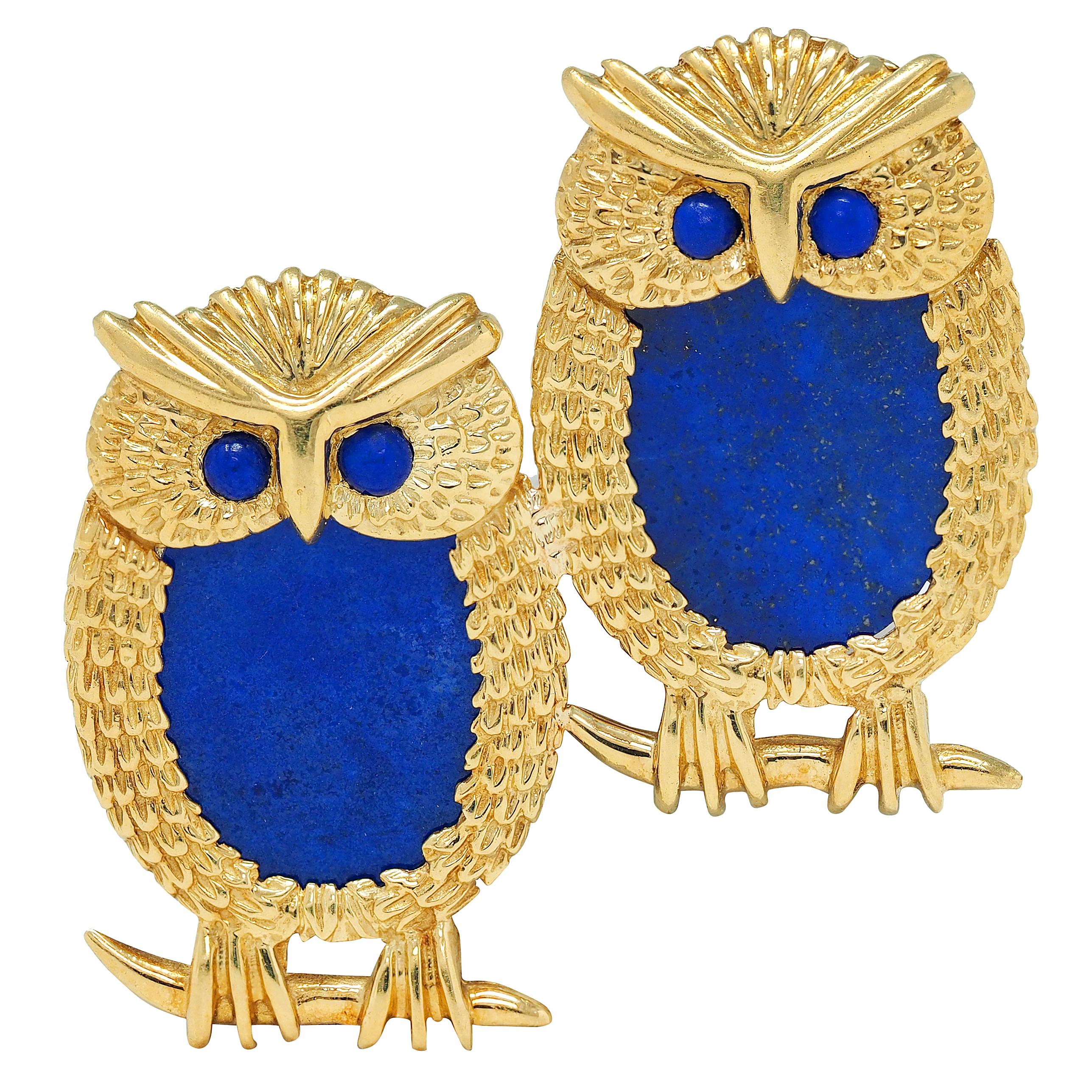 1960's Lapis Lazuli 18 Karat Yellow Gold Vintage Owl Brooch