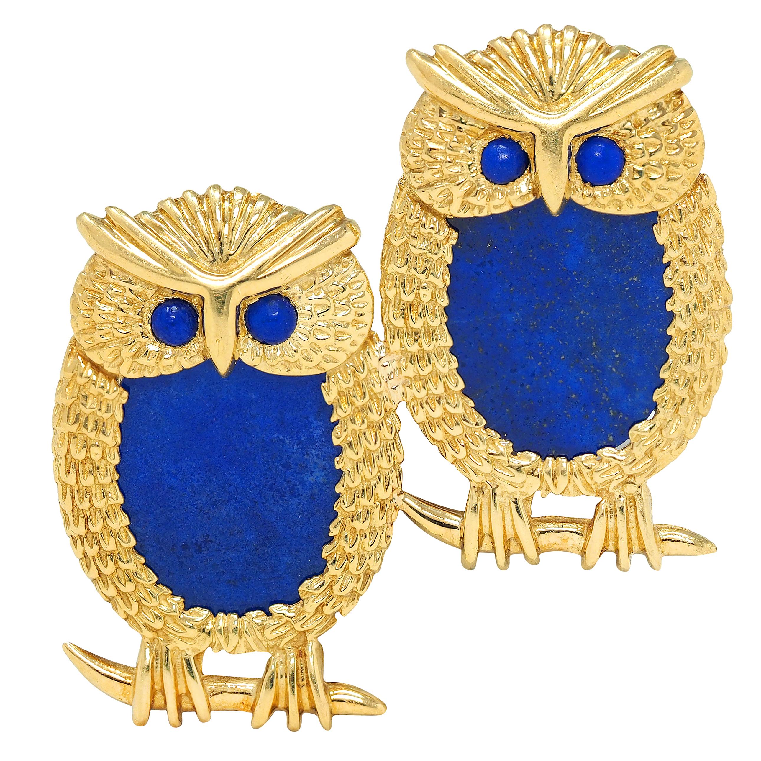 1960's Lapis Lazuli 18 Karat Yellow Gold Vintage Owl Brooch