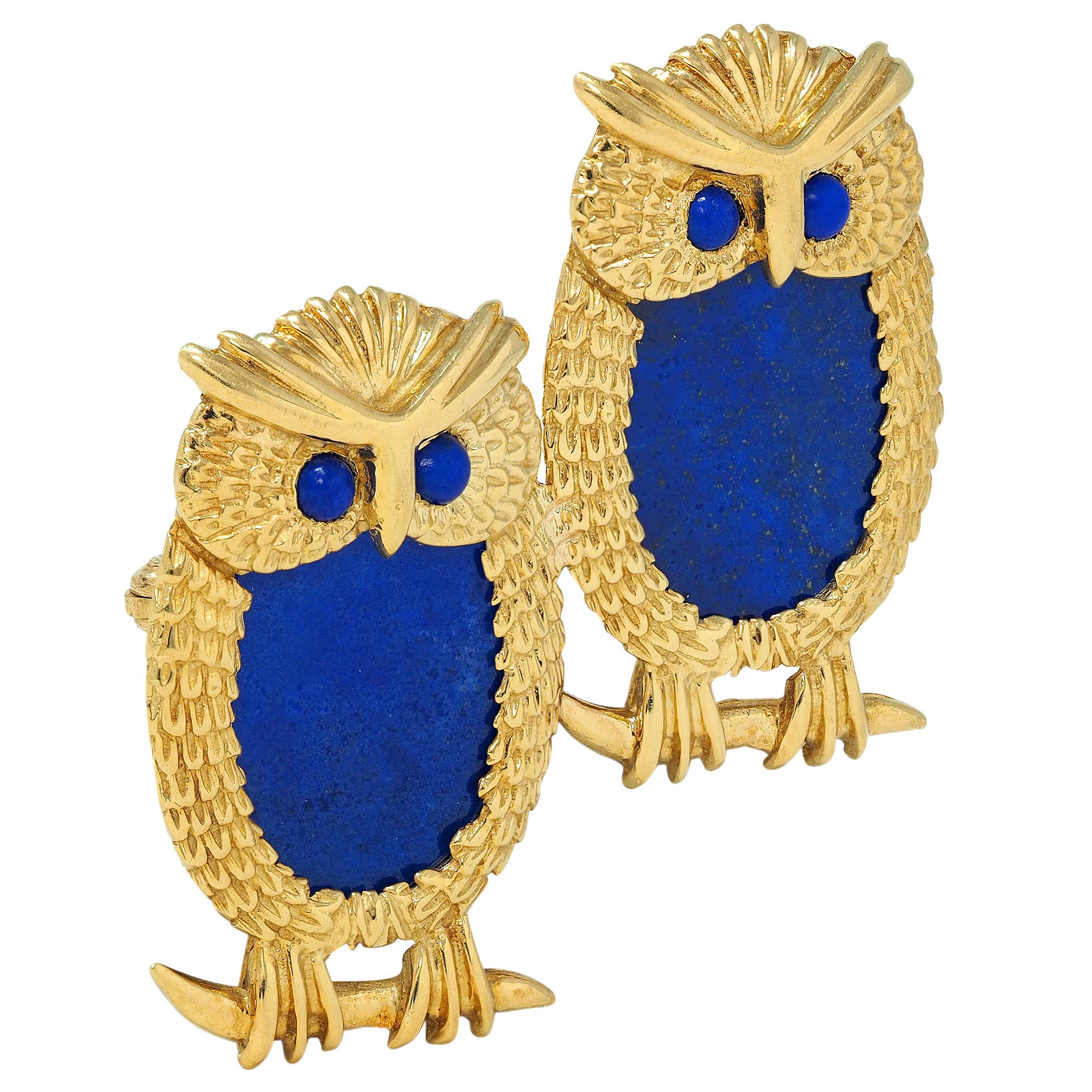 1960's Lapis Lazuli 18 Karat Yellow Gold Vintage Owl Brooch
