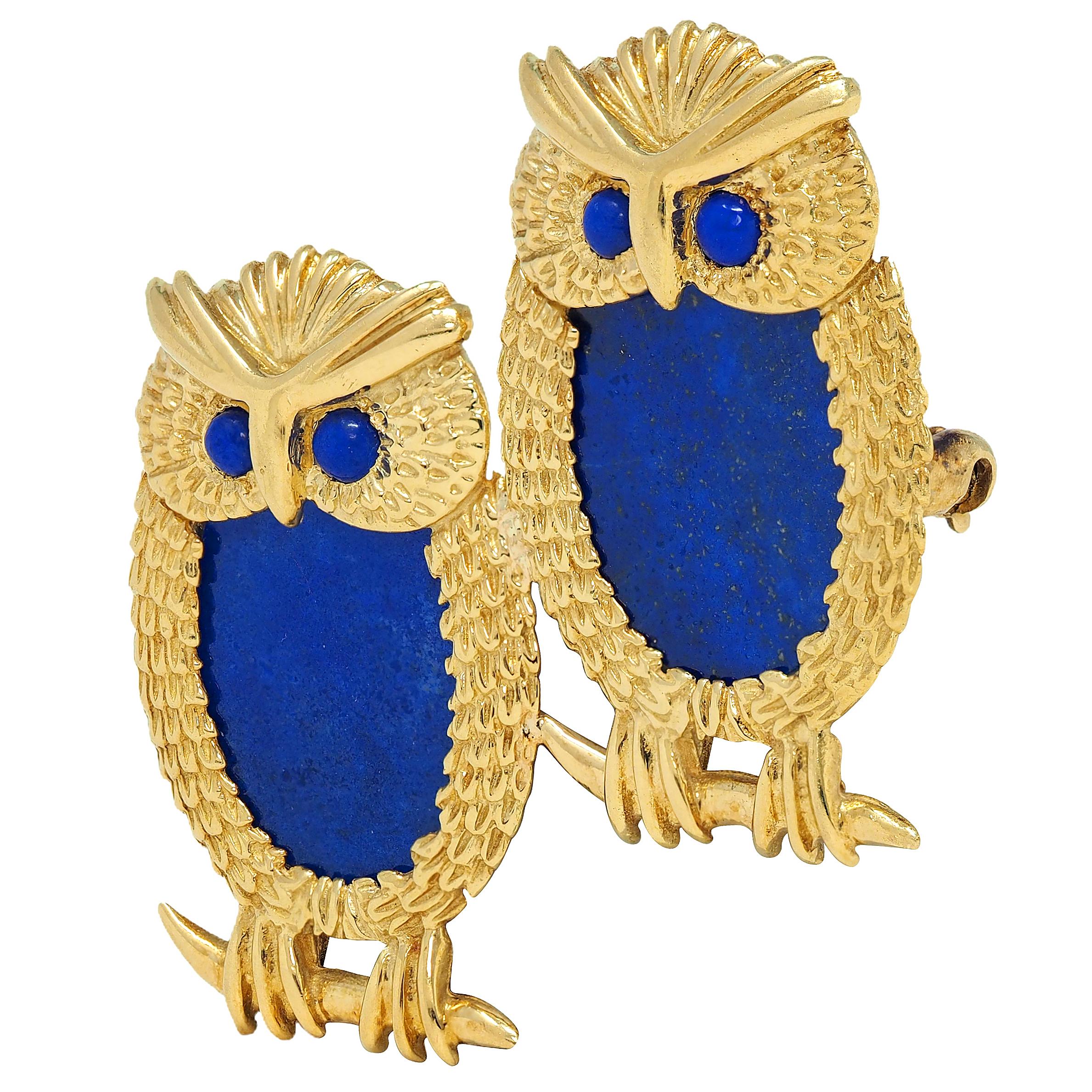 1960's Lapis Lazuli 18 Karat Yellow Gold Vintage Owl Brooch