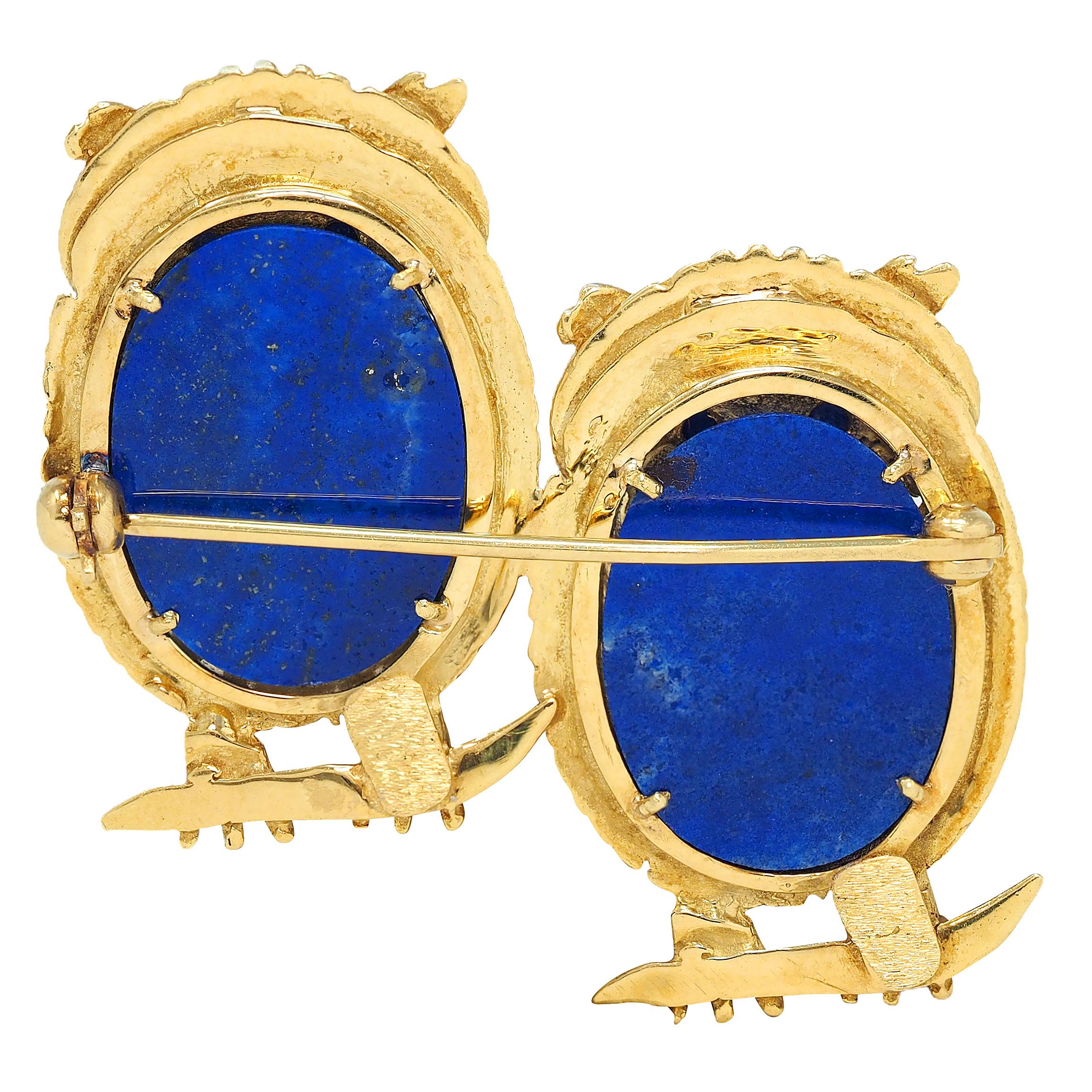 1960's Lapis Lazuli 18 Karat Yellow Gold Vintage Owl Brooch