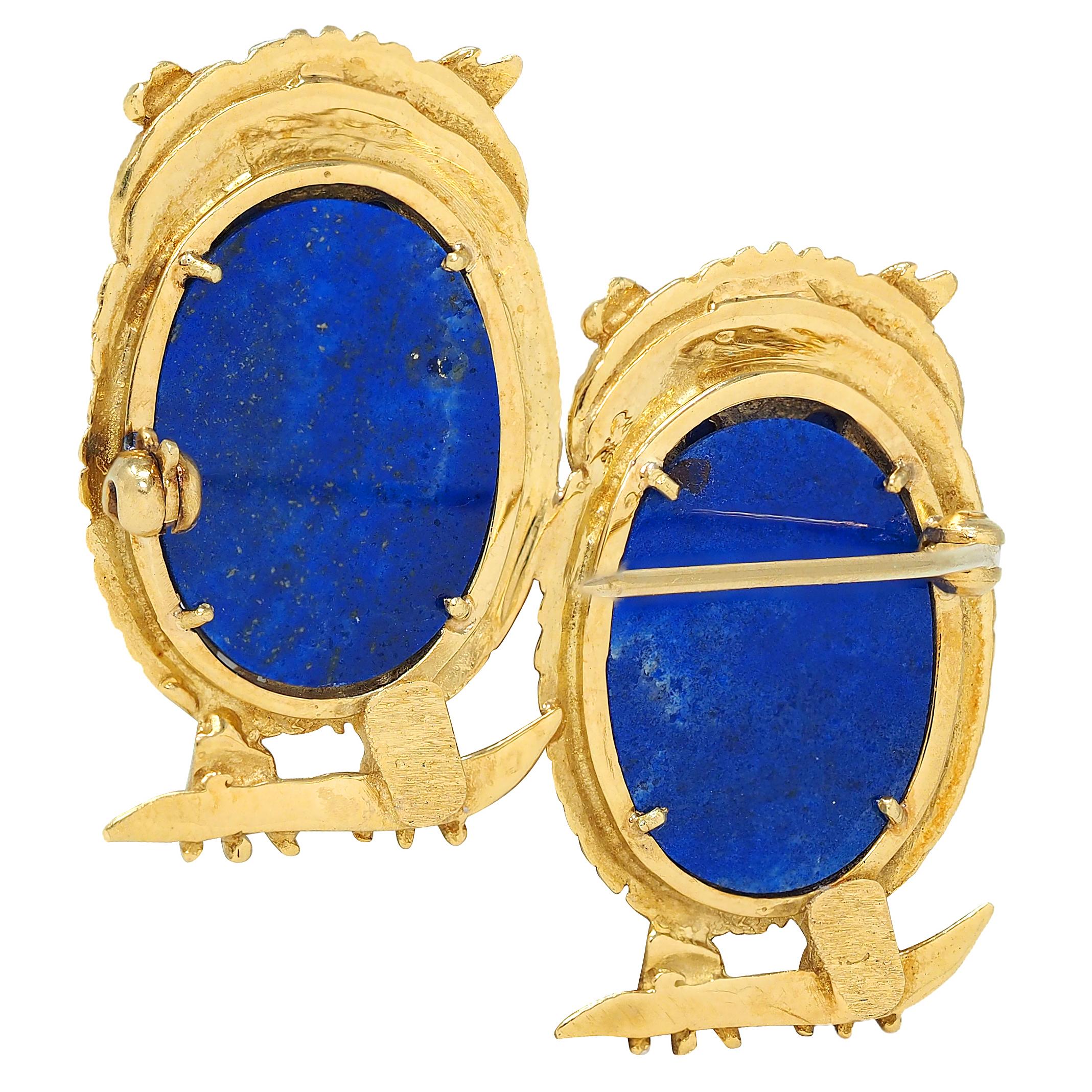 1960's Lapis Lazuli 18 Karat Yellow Gold Vintage Owl Brooch
