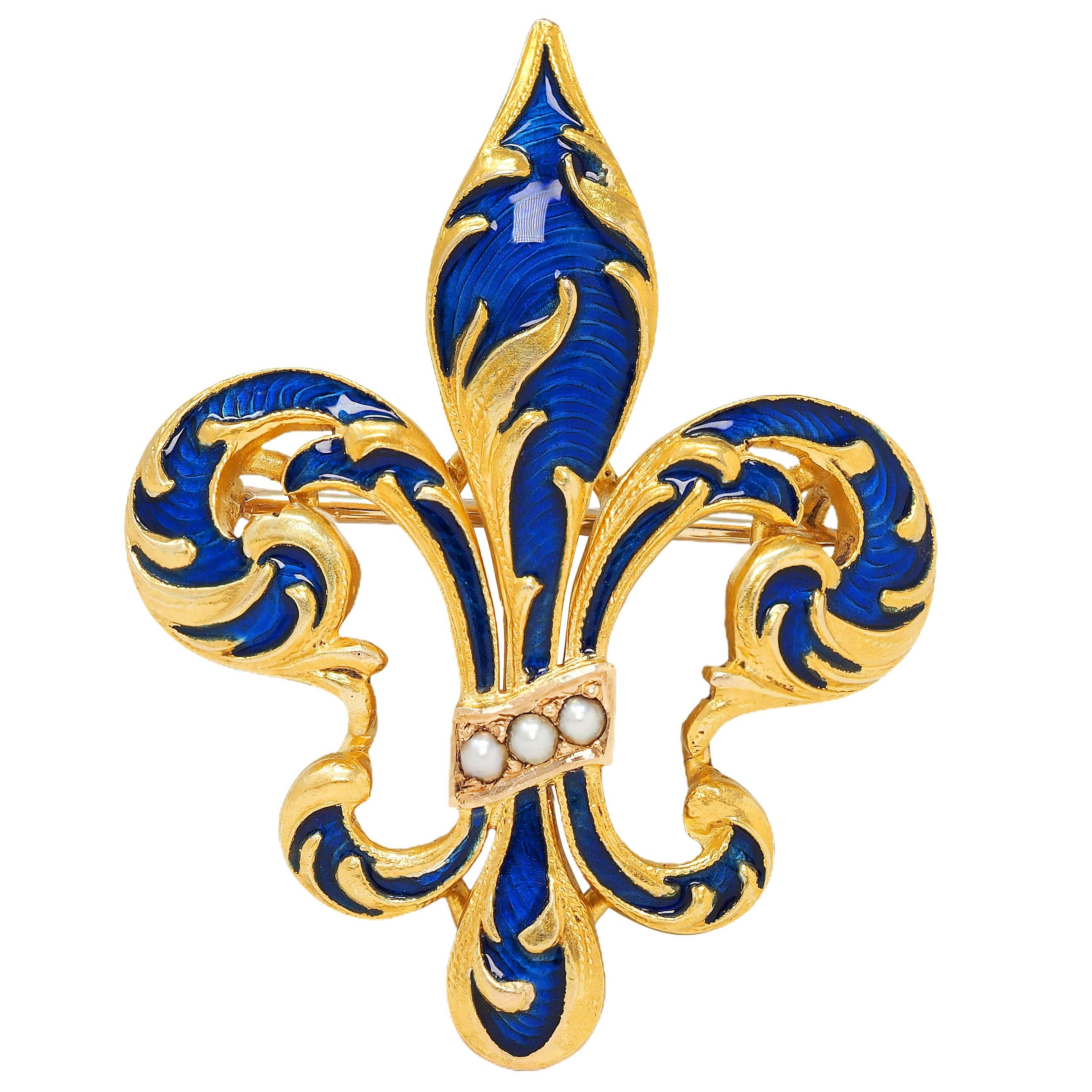 Victorian Pearl Guilloché Enamel 14K Yellow Gold Antique Fleur-De-Lis Brooch