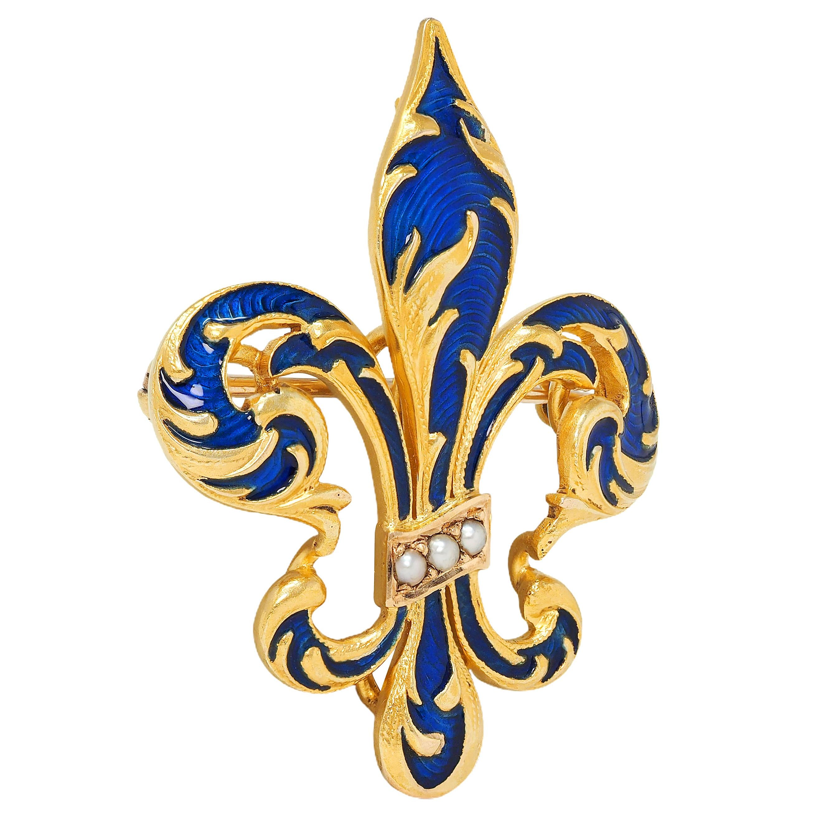 Victorian Pearl Guilloché Enamel 14K Yellow Gold Antique Fleur-De-Lis Brooch