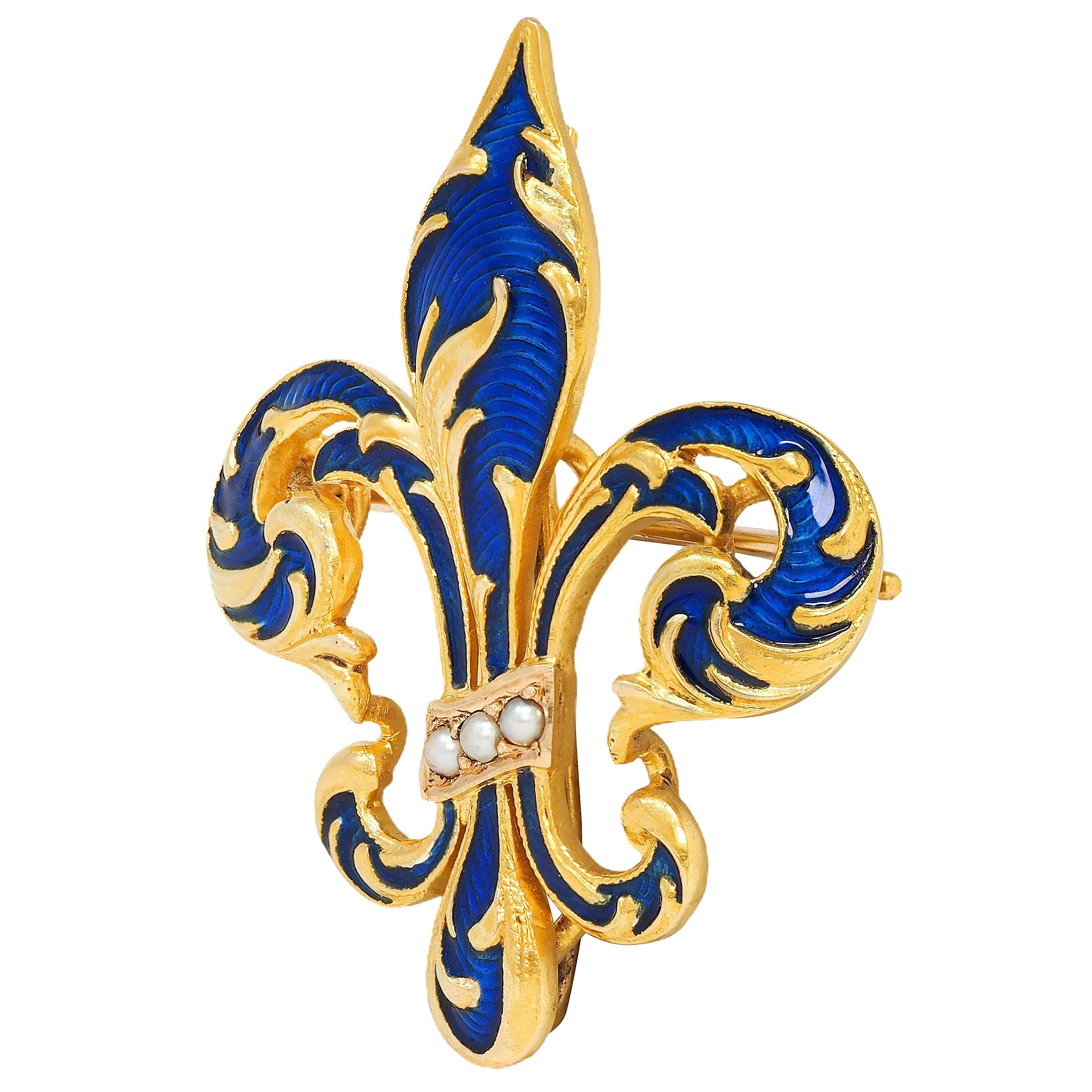 Victorian Pearl Guilloché Enamel 14K Yellow Gold Antique Fleur-De-Lis Brooch