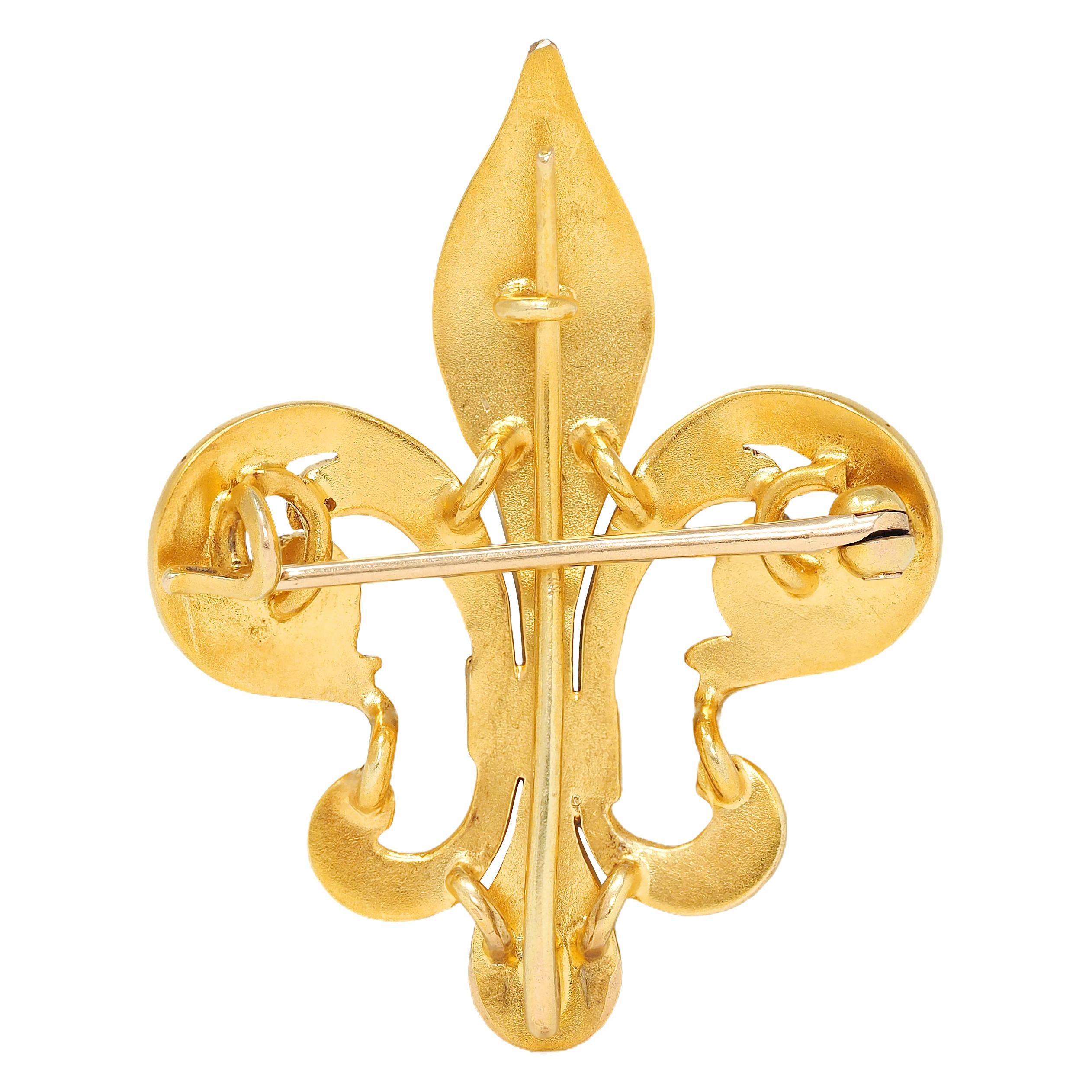 Victorian Pearl Guilloché Enamel 14K Yellow Gold Antique Fleur-De-Lis Brooch