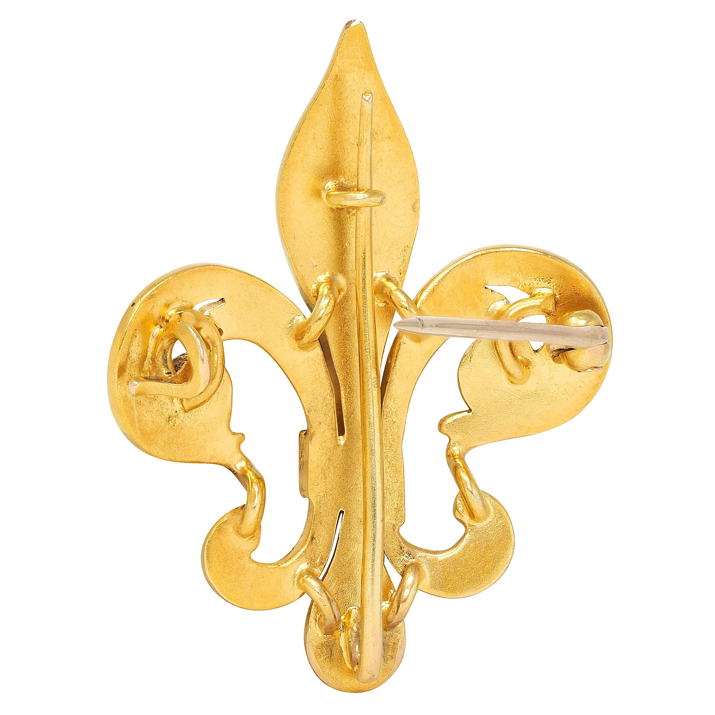 Victorian Pearl Guilloché Enamel 14K Yellow Gold Antique Fleur-De-Lis Brooch