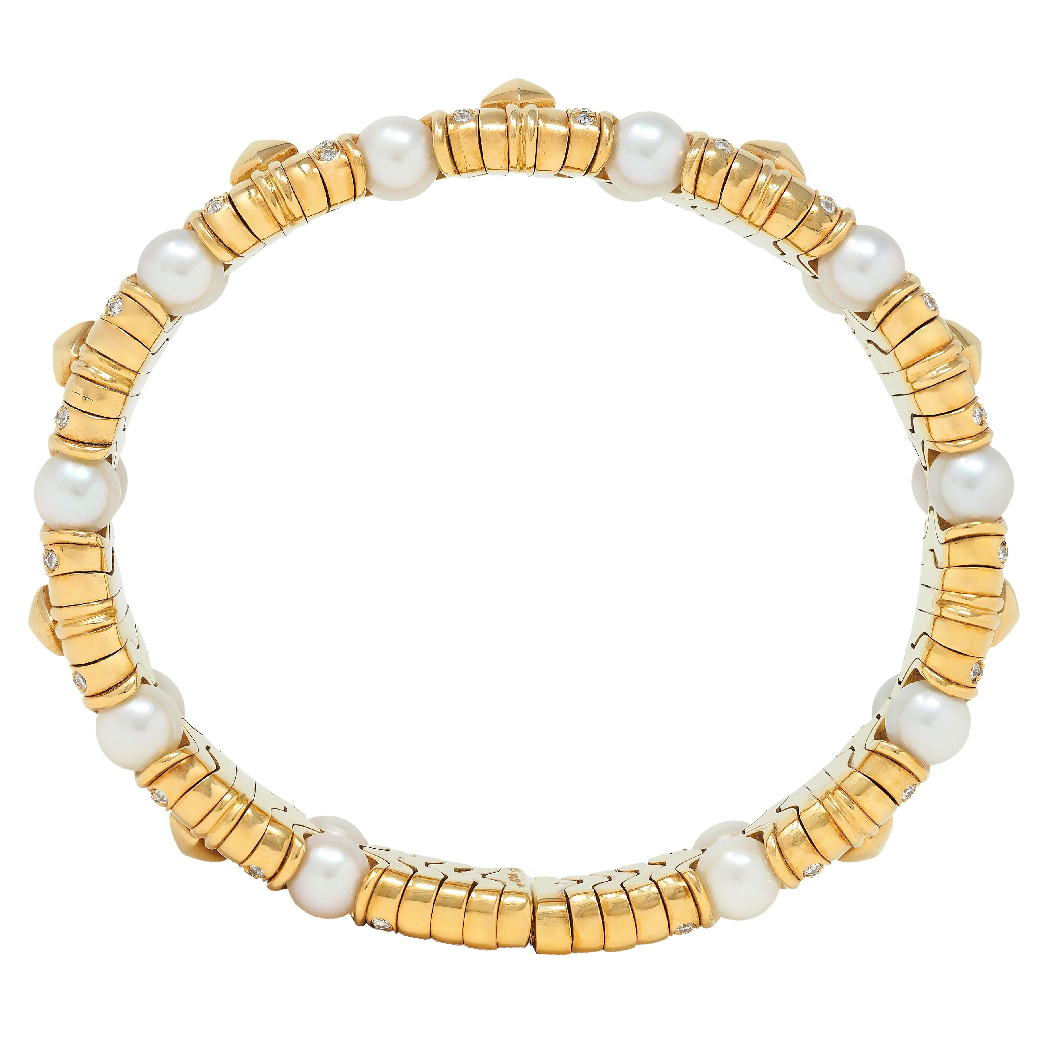 Bulgari 1980's Diamond Pearl 18 Karat Yellow Gold Vintage Doppio Boules Bracelet