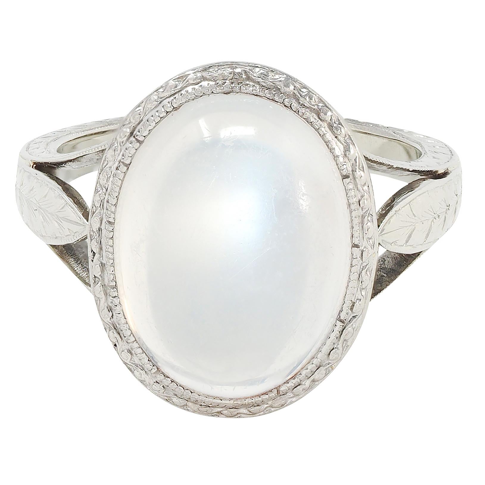 Art Deco Moonstone 18 Karat White Gold Vintage Wheat Dinner Ring