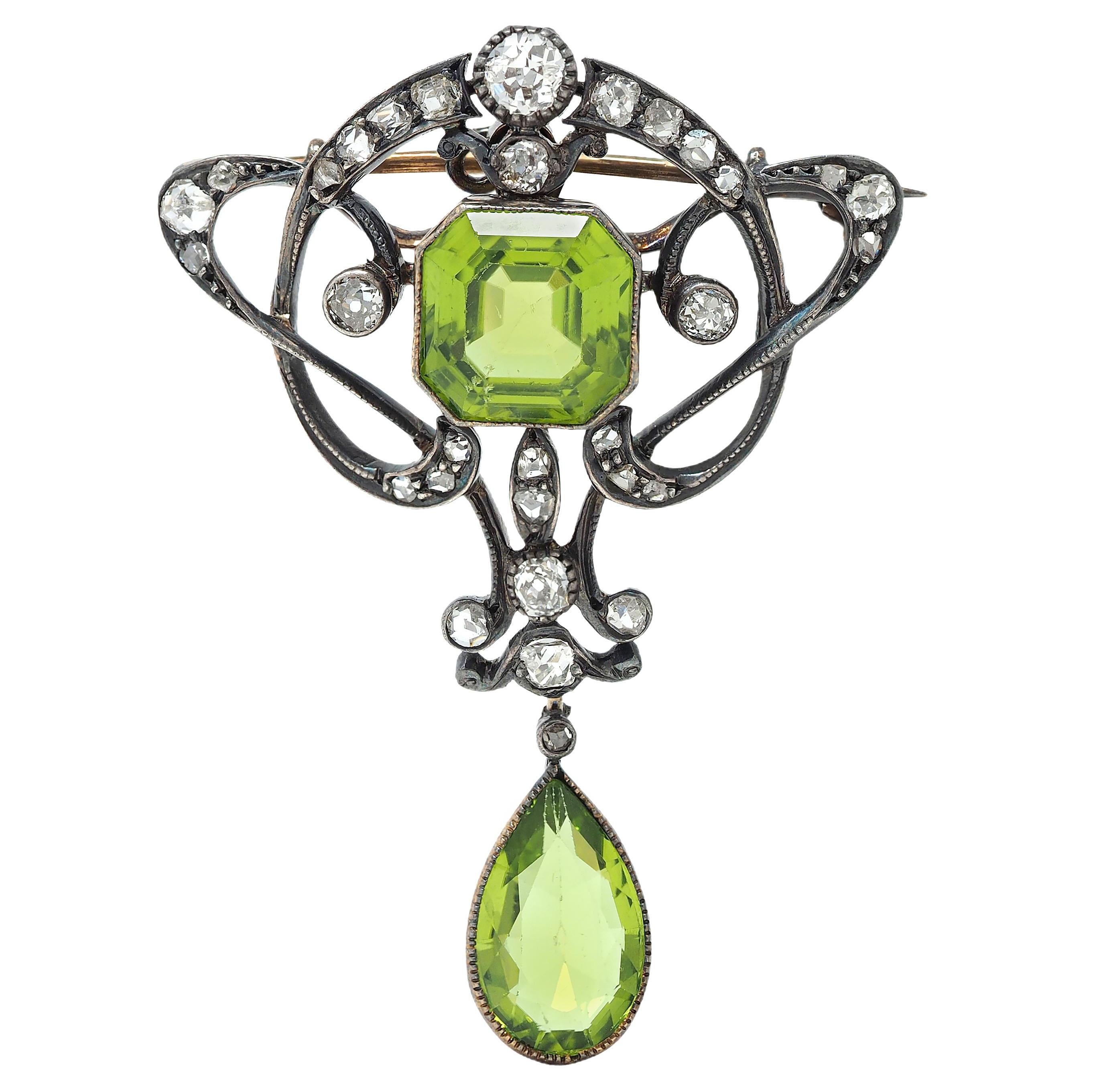 Art Nouveau Peridot Diamond 14K Gold Silver Antique Whiplash Pendant Brooch