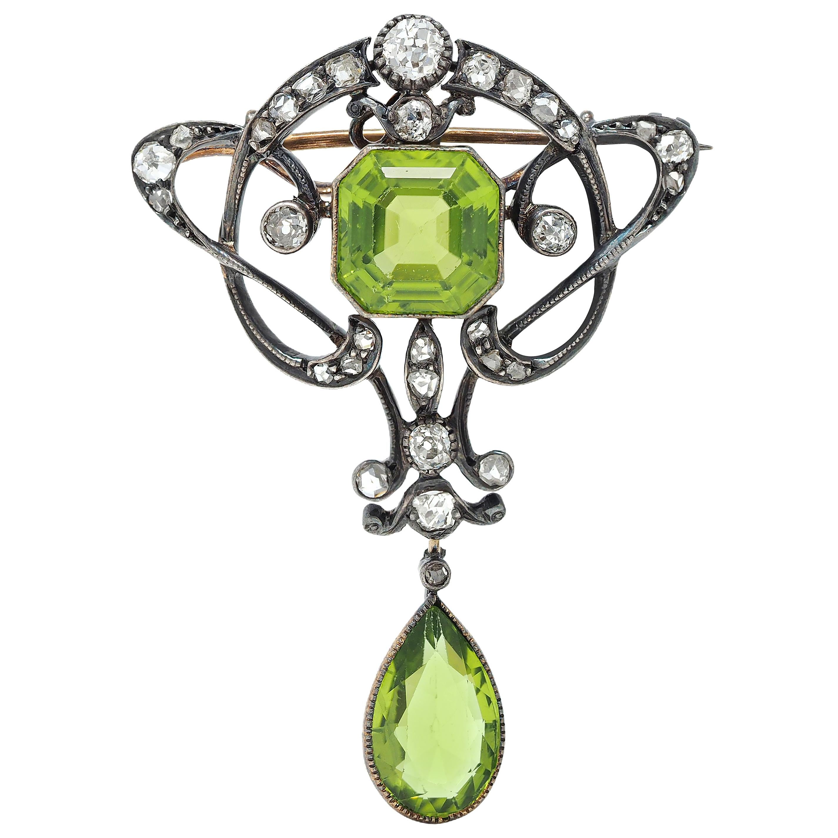 Art Nouveau Peridot Diamond 14K Gold Silver Antique Whiplash Pendant Brooch