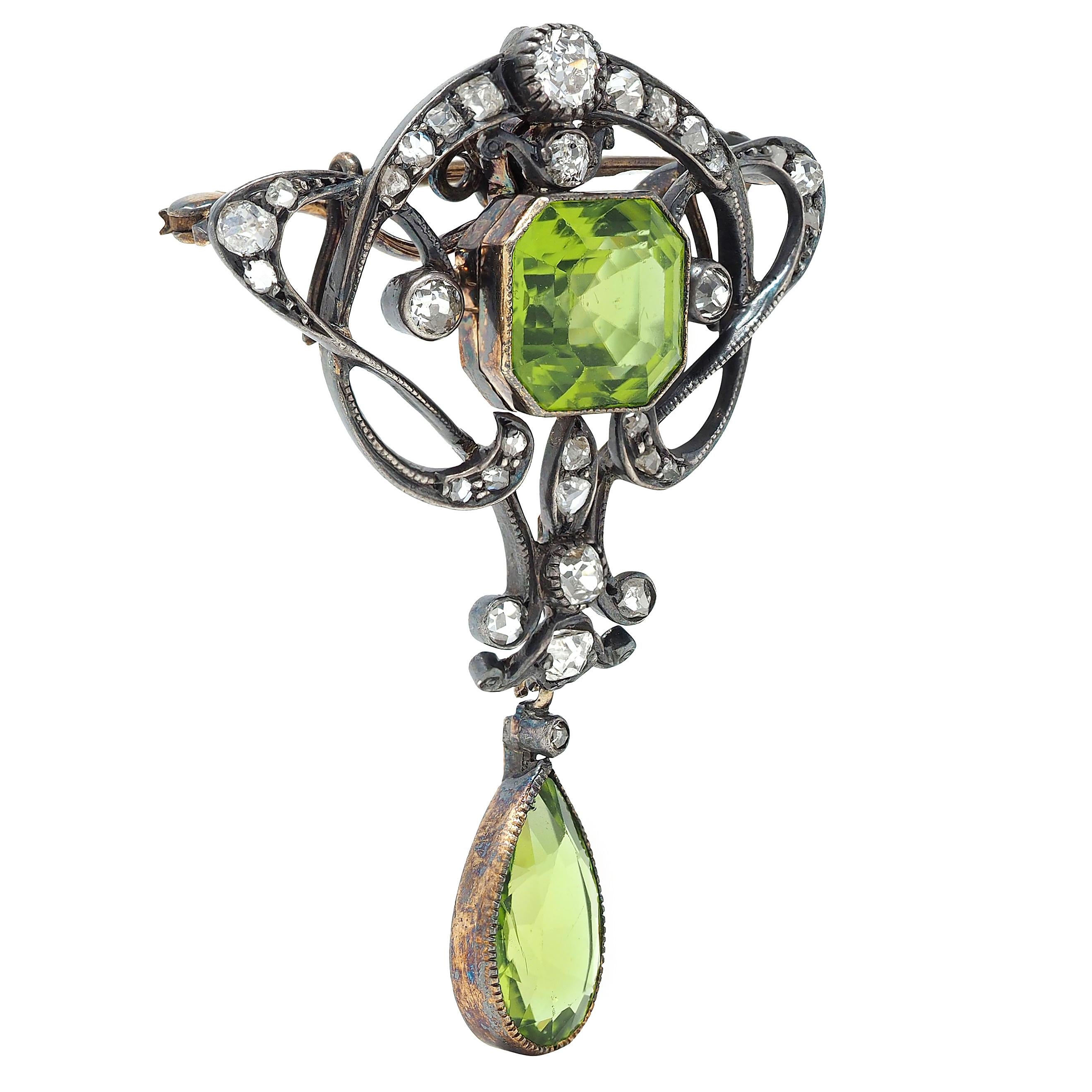 Art Nouveau Peridot Diamond 14K Gold Silver Antique Whiplash Pendant Brooch