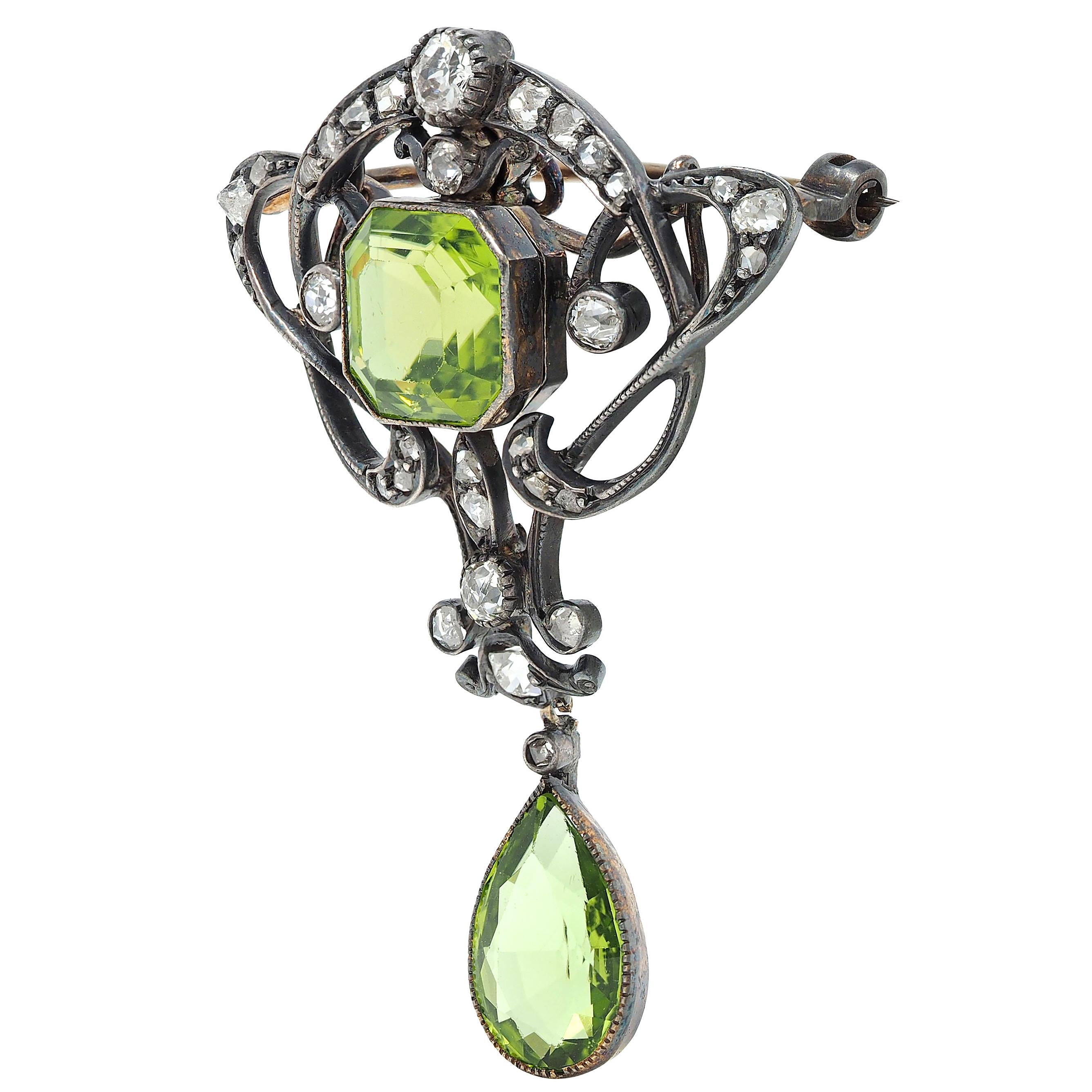 Art Nouveau Peridot Diamond 14K Gold Silver Antique Whiplash Pendant Brooch